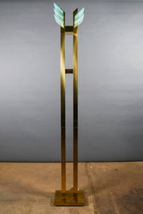 Vintage Brass Torchiere Floor Lamp from Casella: Vintage Brass Torchiere Floor Lamp with Frost Glass Inserts from Casella Lighting of San Francisco. H78.5. Base L12.25 x W8.25 NAVIS Pack and Ship will be handling the shipping of all items from this