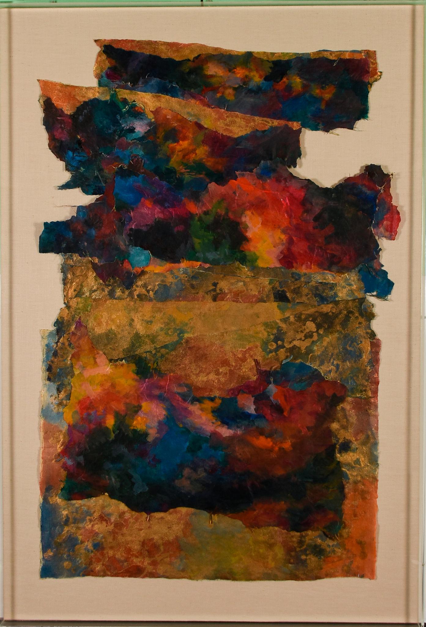 Erika Kahn Paper Collage "Opus G" on Linen, Framed in: Erika Kahn Paper Collage Opus G on Linen, Framed in Acrylic Shadow Box W31.5 x H46. Collage W26 x H39. Purchased through Steve Chase. NAVIS Pack and Ship will be handling the shipping of all items fro