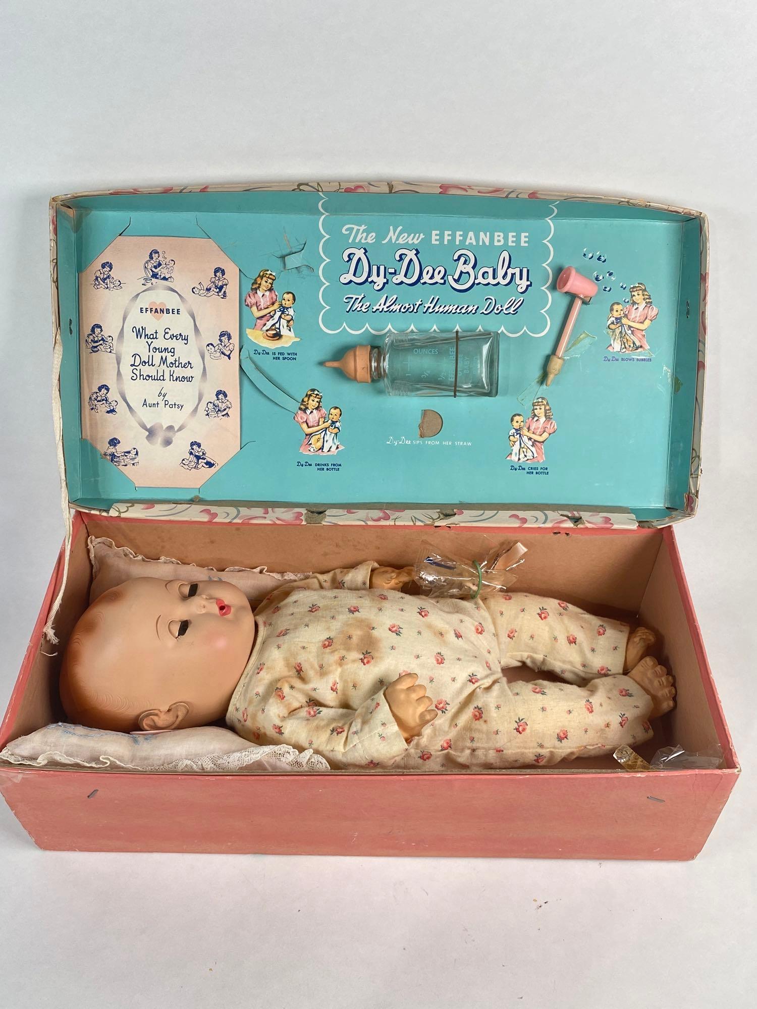 15" Baby And Case, Effanbee Dy-Dee Baby.: 15" baby and case "The new EFFANBEE DY-Dee baby" with original case, 1949