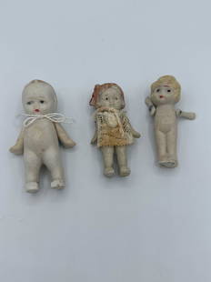 3 Mini Bisque Dolls: 3 mini bisque dolls: 3 3/8" made in Japan. Baby boy doll 3" Made in Japan. All bisque doll with dress 3" all bisque doll, made in Japan.