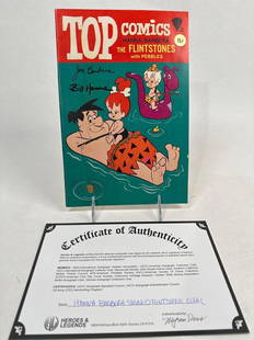 Bill Hanna and Joe Barbara signed/autographed Flintstone comic: Bill Hanna and Joe Barbara signed/autographed Flintstone comic&#160;with certificate of authenticity from heroes and legends, comic book approximately measures 7 x 10.