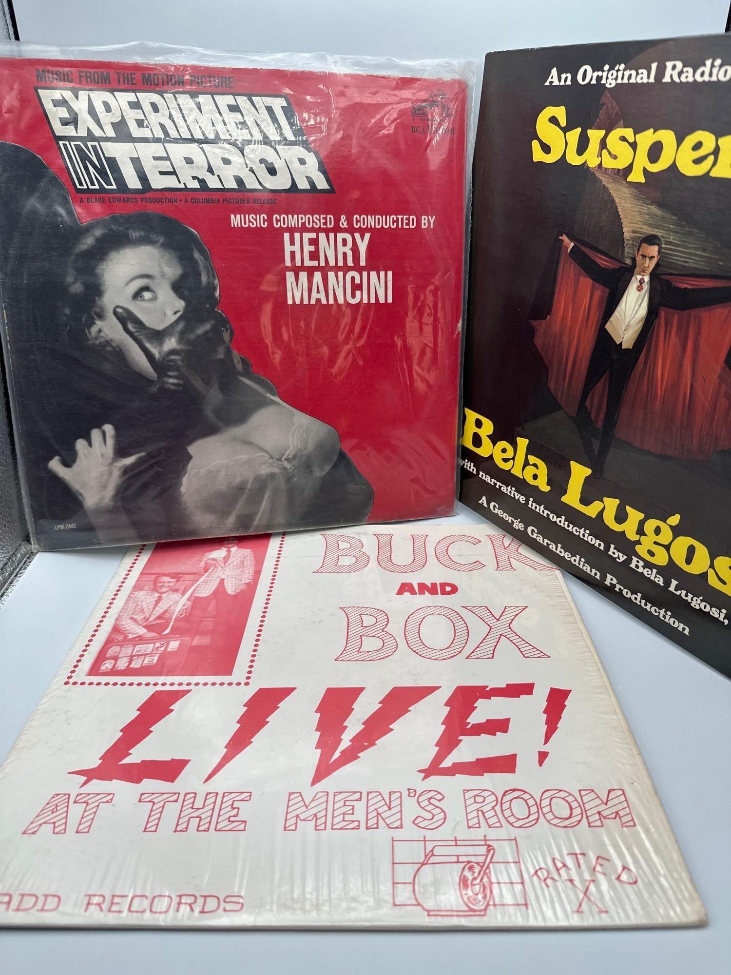3 records: Bela Lugosi, Buck and Box Live and Experiment in Terror LPs: Bela Lugosi - An Original Radio Broadcast 1973 Mark records. 611-A/B. Buck and Box Live! At the men’s room. Glad records. Rated x. IYM-69. Music from the Motion picture Experiment In Terror RCA 