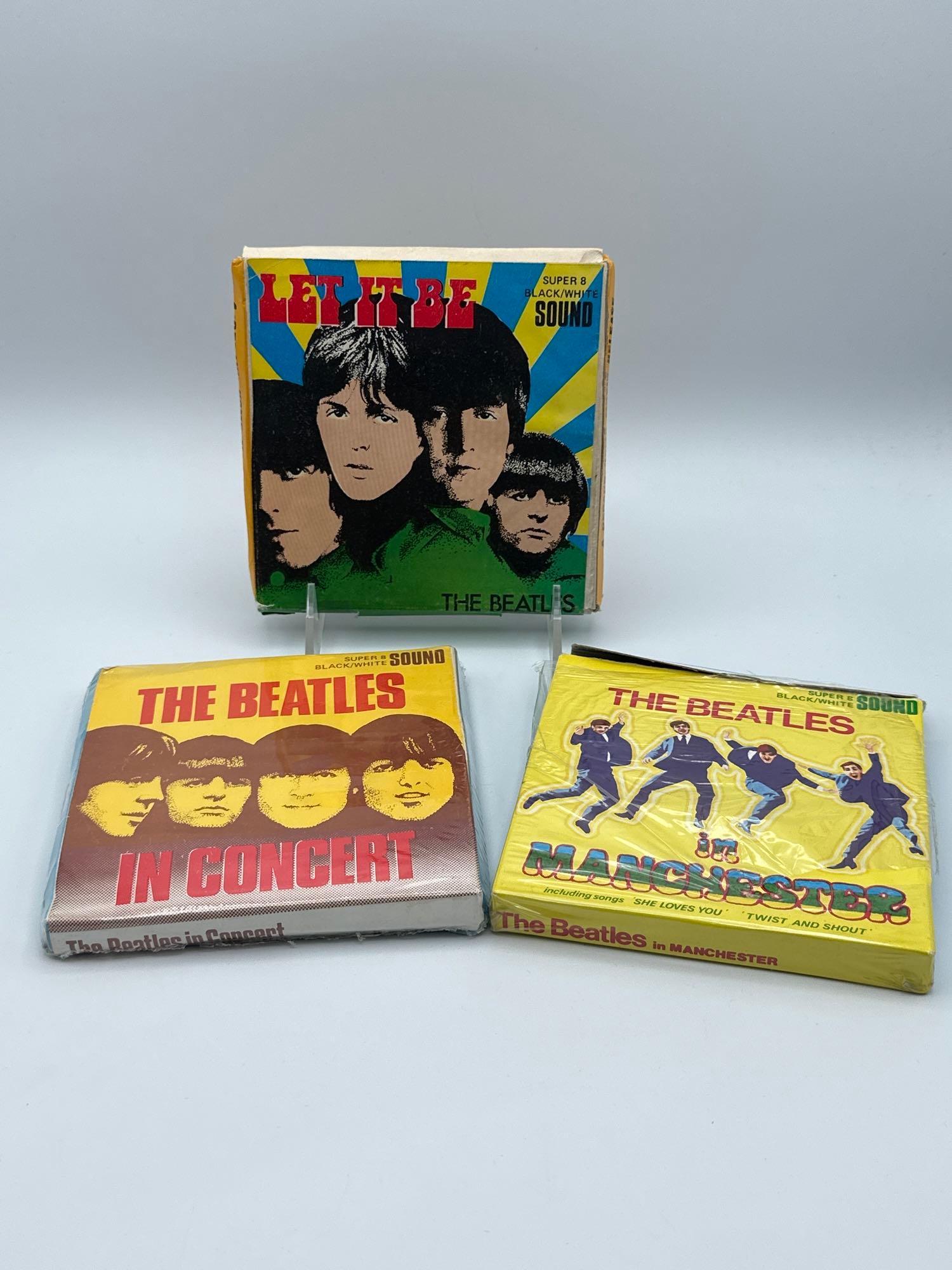 3 BEATLES super 8 black/white SOUND. Manchester, Let it be and the Beatles and concert: 3 BEATLES super 8 black/white SOUND. Manchester, Let it be and the Beatles and concert The Beatles in concert SEALEDLet it be: no plastic wrap on box label is loose with some tearing on the botto