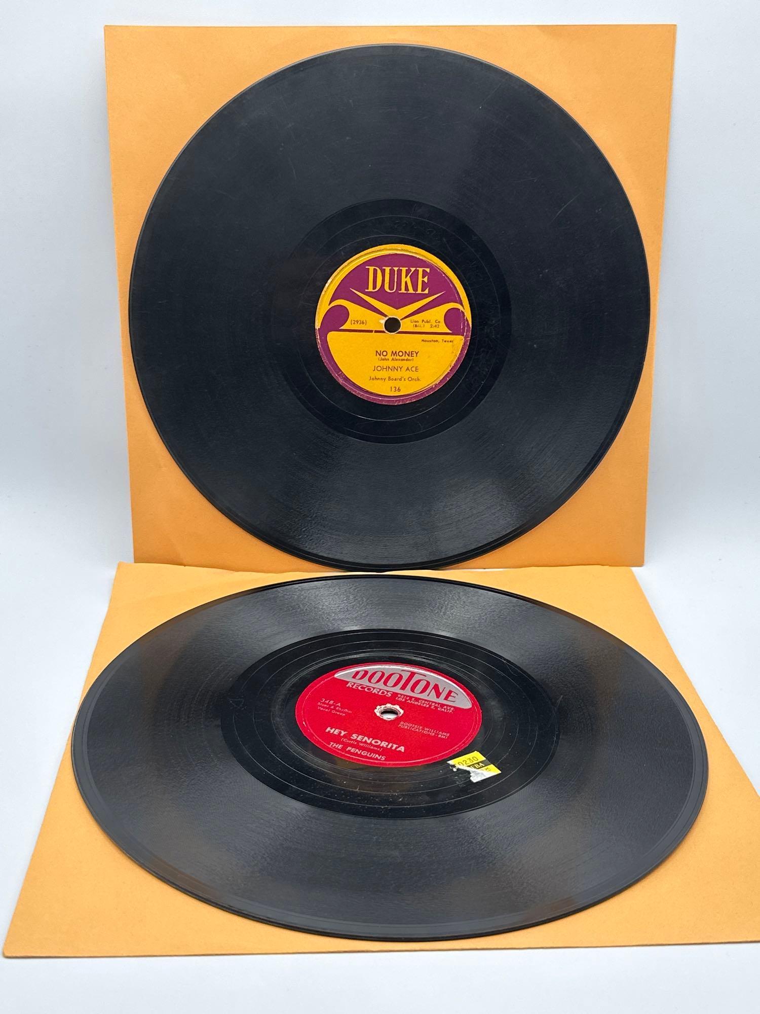(2) 78 records: Johnny Ace and The Penguins: (2) 78 Records: The Penguins and Jonny Ace.Penguins -Earth Angel / Hey Senorita 78 rpm, 10” record. 348-A/B DOOTUNE recordsJohnny Ace- No Money/ pledging my love, 78rpm 10” DUKE records 13