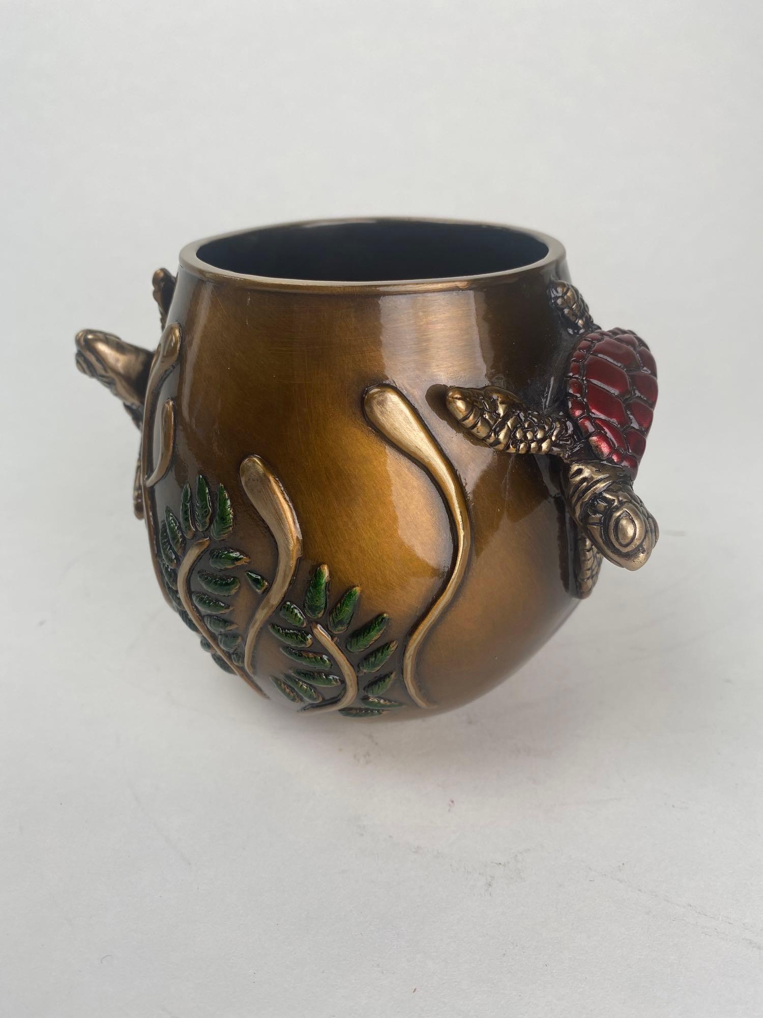 Limited Edition Joseph Quillan Bronze Vessel: Joseph Quillan Bronze Vessel with turtle detail. Limited edition piece with only 150 produced, this vessel is number 38 in the series. Patinated and enameled finish. Dimensions: 5.5" x 6" x 4&