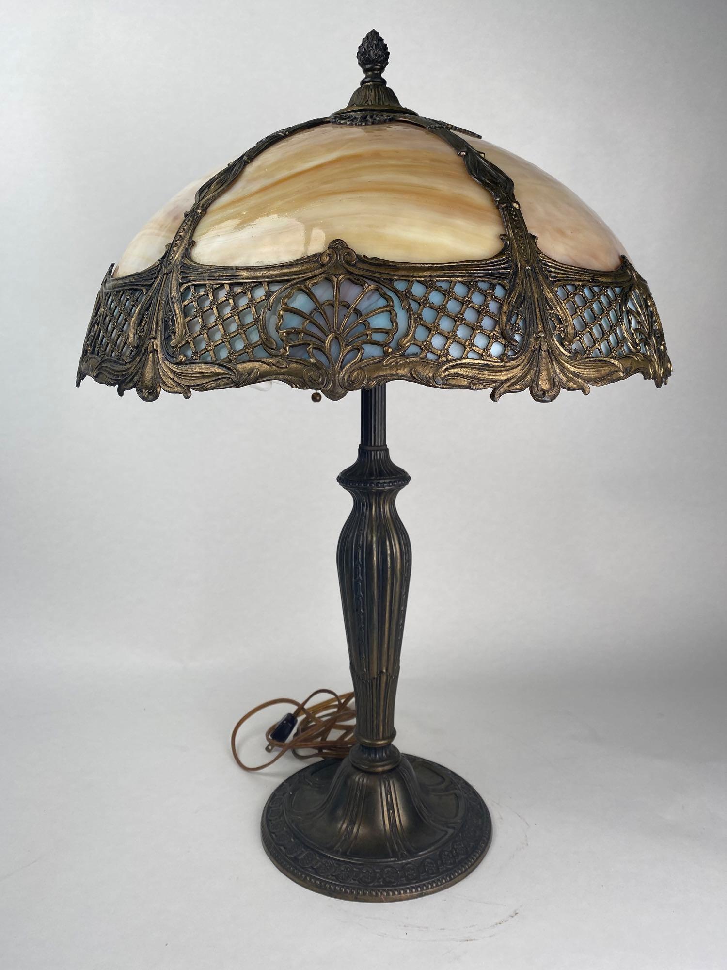 Antique Brass Six Panel Slag Table Lamp (1 of 8)