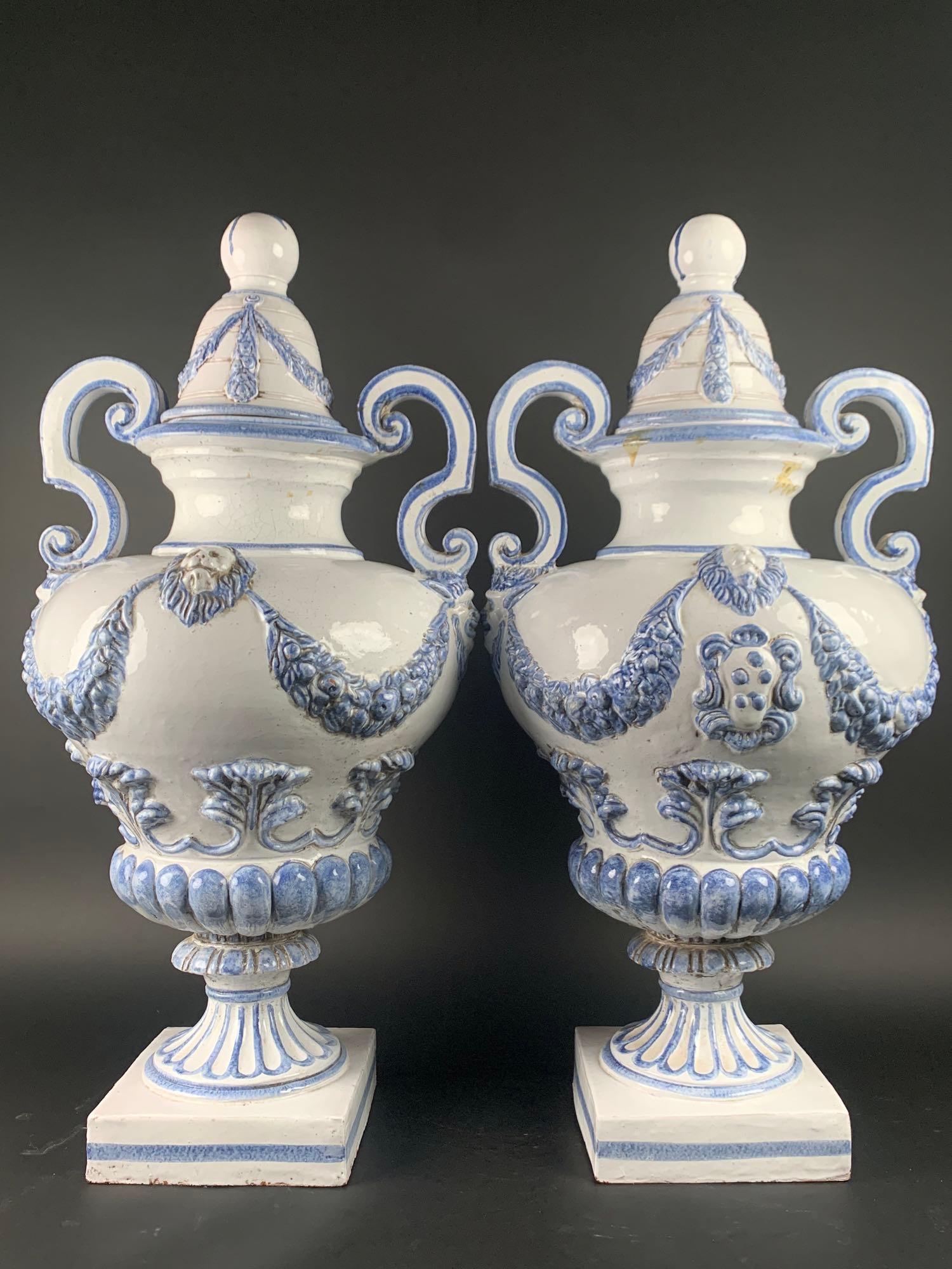 A Pair of Italian Blue and White Terracotta Urns (1 of 12)