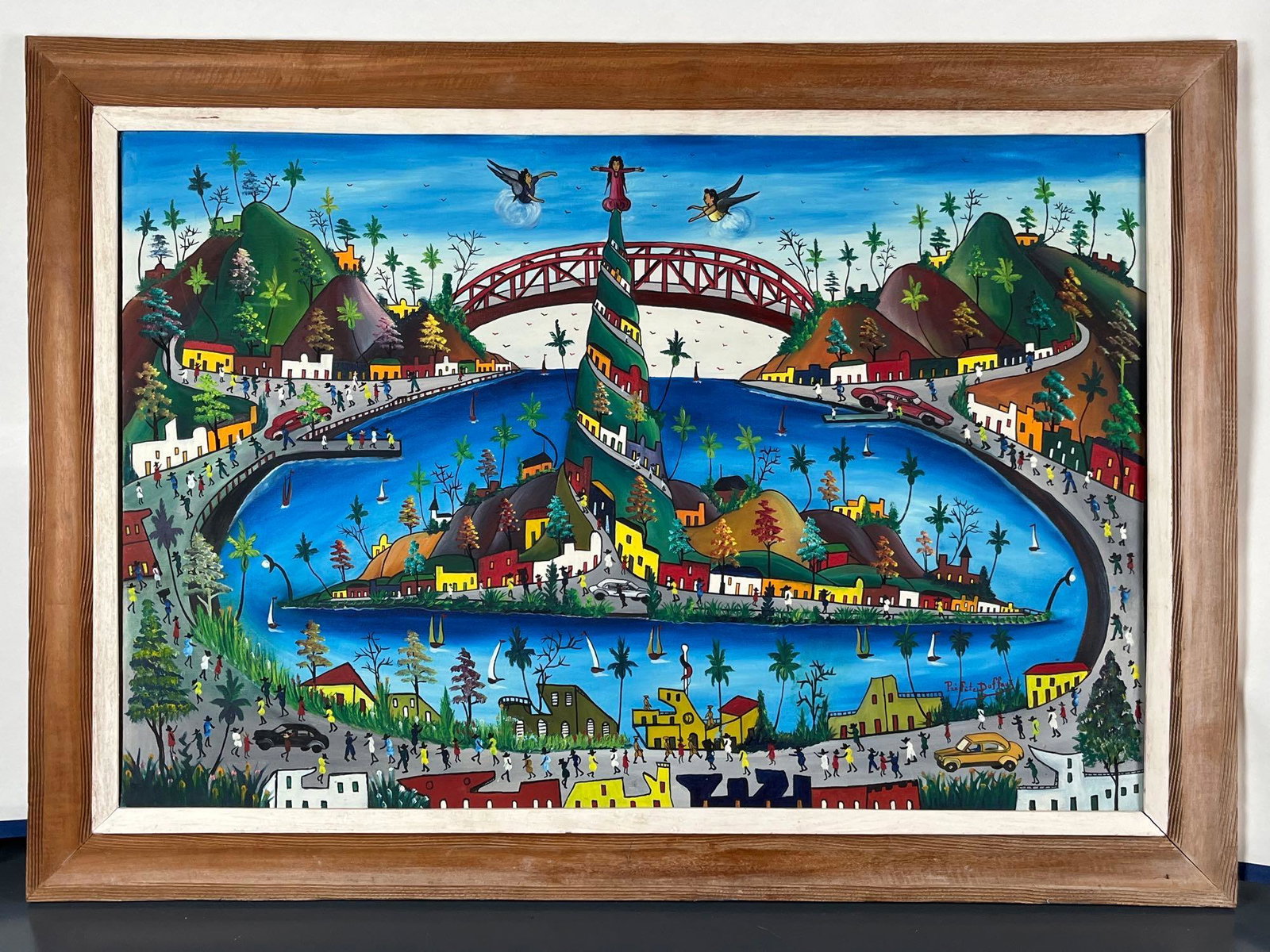Prefete Duffaut (Haitian/Jacmel, 1923-2012) Framed Oil on Canvas: Prefete Duffat (Haitian/Jacmel, 1923-2012) Original oil on canvas. Duffaut is a poet and spiritualist who had been a carpenter and worked with his father as a shipbuilder before becoming a painter. Hi