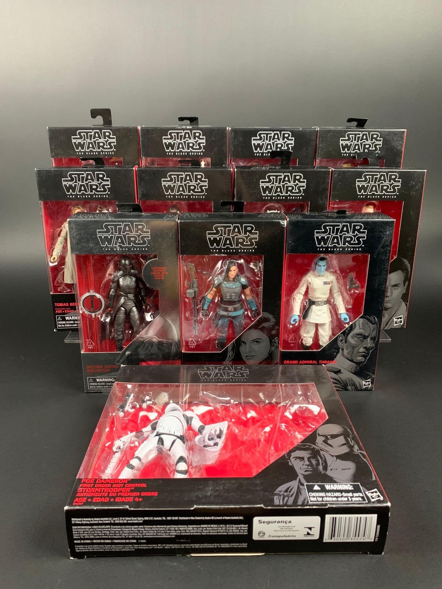 Twelve Star Wars The Black Series Action Figures (Hasbro Red Box): Twelve Star Wars The Black Series Action Figures (Hasbro Red Box) All figures are in their original boxes and in good used condition. Boxes show signs of wear and one action figure is missing from the