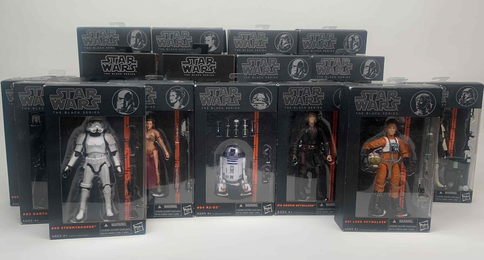 Seventeen Star Wars The Black Series: Orange Line (R2D2, Princess Leia, and Anikan Skywalker): Seventeen Star Wars The Black Series Orange Line Action Figures (Hasbro) All action figures come in their original boxes. Boxes show signs of wear commensurate with age. Please see photos for addition