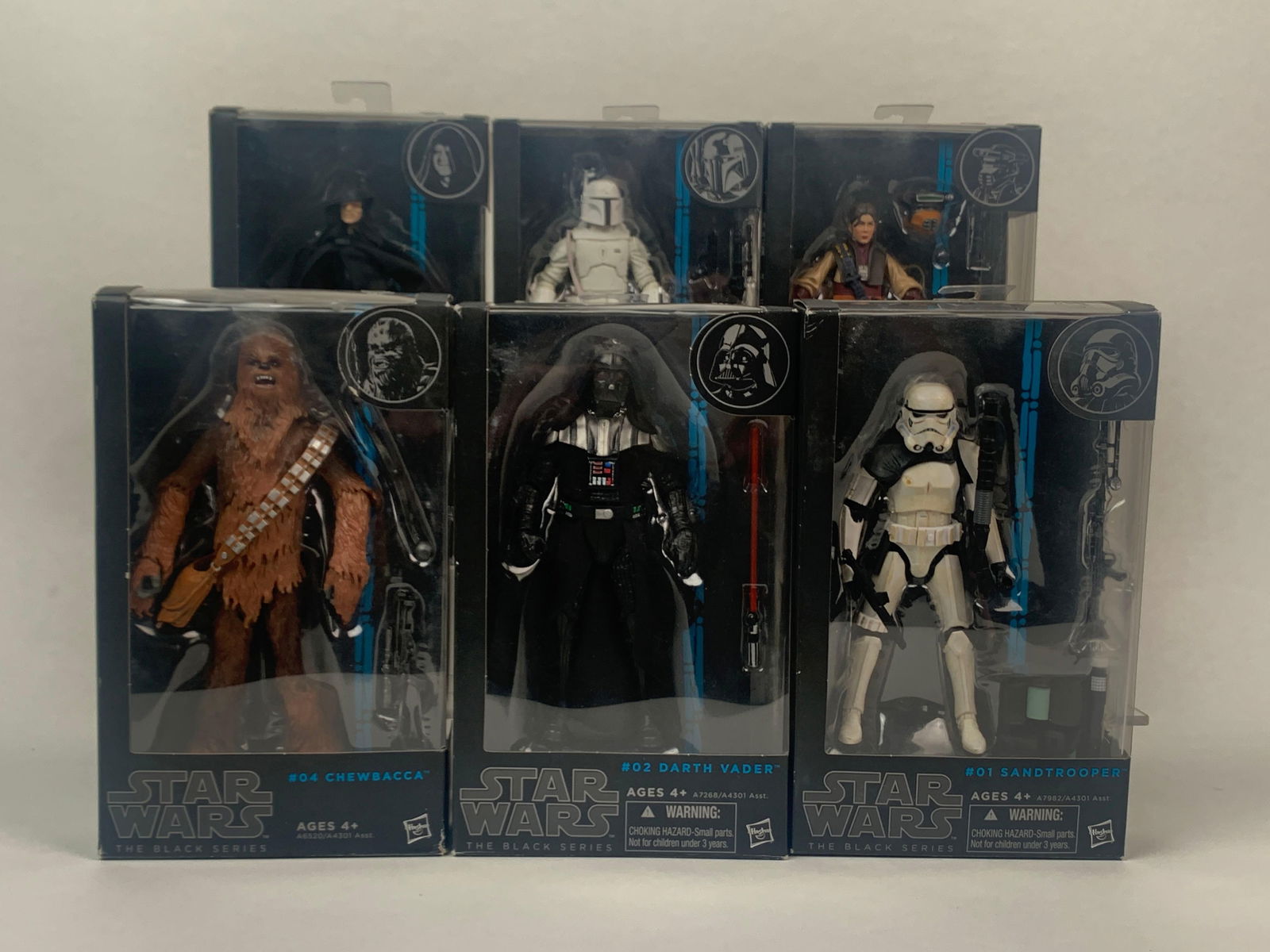 Six Star Wars The Black Series, Blue Line Action Figures (Hasbro): Six Star Wars The Black Series, Blue Line Action Figures (Hasbro) All action figures are in original boxes. All boxes show signs of wear commensurate with age please see photos for additional details.