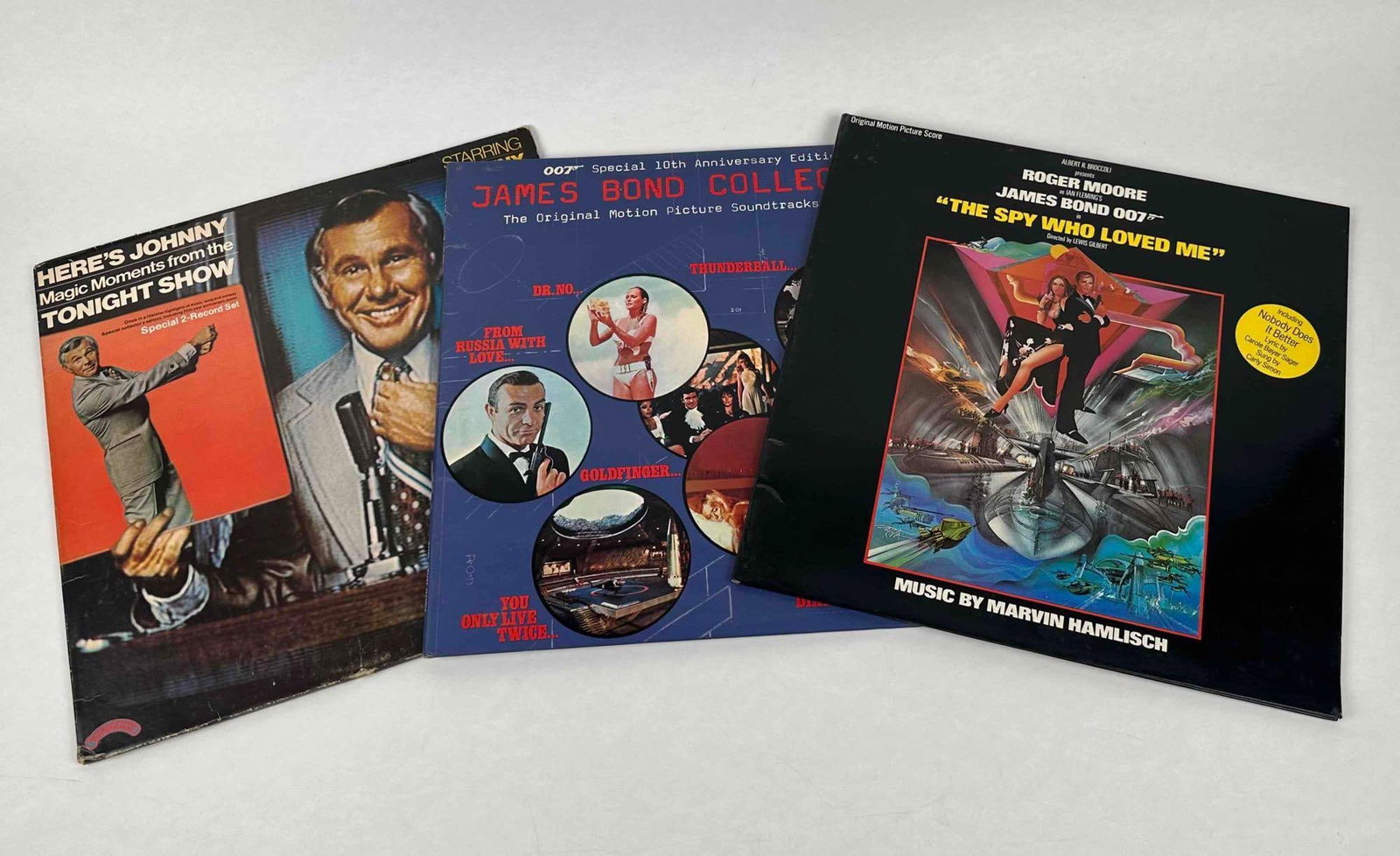 3 Movie & TV Records (James Bond & The Tonight Show): 3 Movie & TV Records (James Bond & The Tonight Show). All records are in good used condition. Record covers show signs of wear commensurate with age. Please see photos for additional details. 
