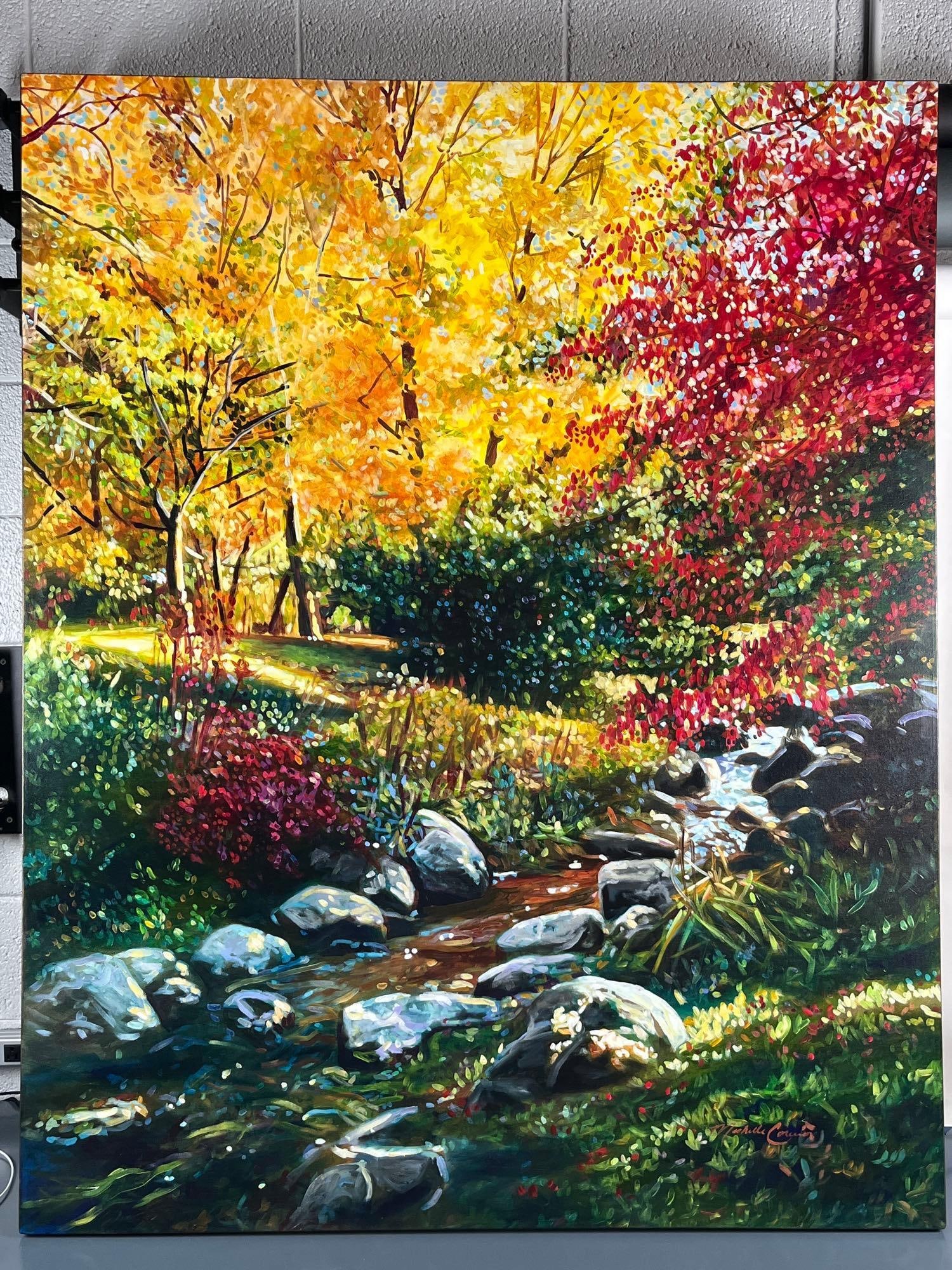 Michelle Courier "Stony River at Dow Gardens" Painting: Michelle Courier 2007 "Stony River at Dow Gardens" Tree Series #335 signed. Original Acrylic on Canvas. A vision of a blurry brook. With a certificate of authenticity from Art Leaders Gallery. This wo
