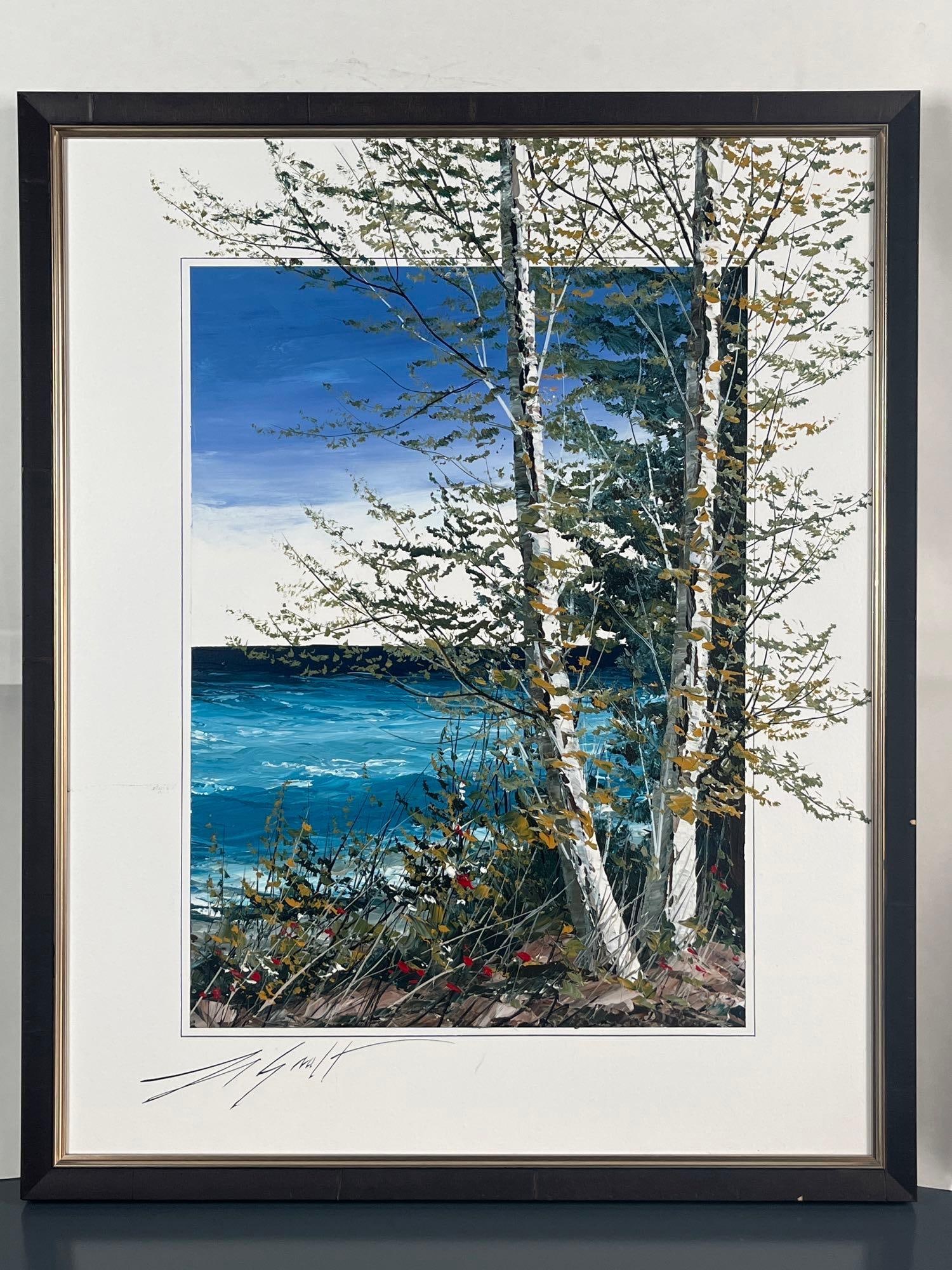 Water Scape Birch Tree Painting: Acrylic water scape panting with birch tree extending beyond the boarder of the canvas. Signed by artist. In fair condition with a chip on the bottom and right side of the frame and scuff on the left 