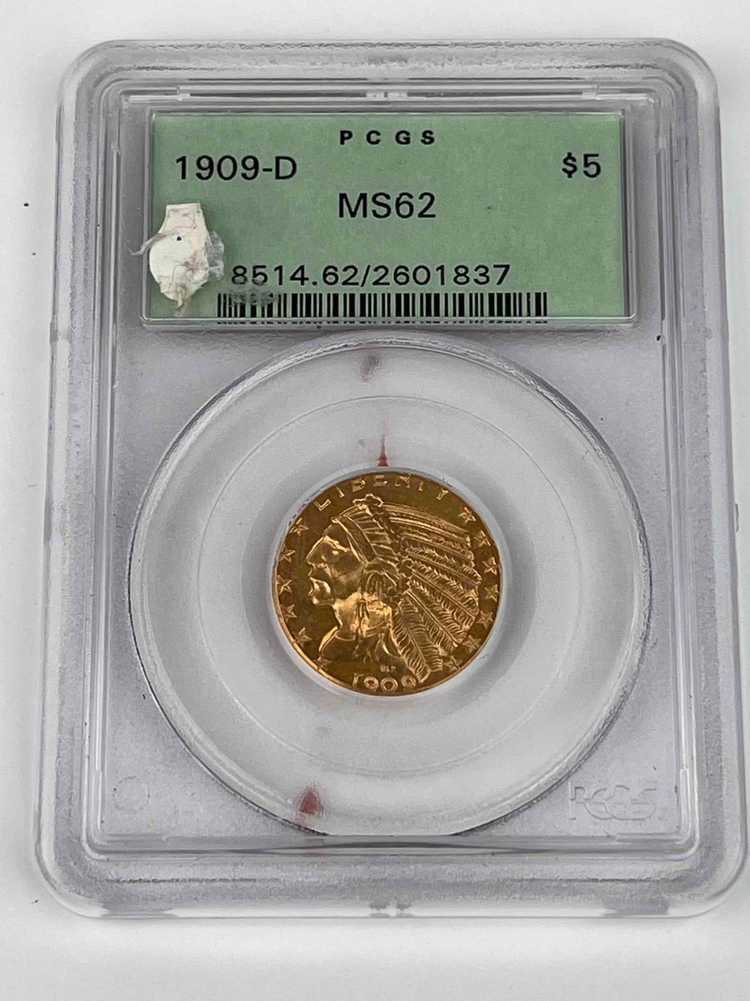 1909 D $5 Five Dollar Indian Head Gold Half Eagle MS62 (1 of 3)