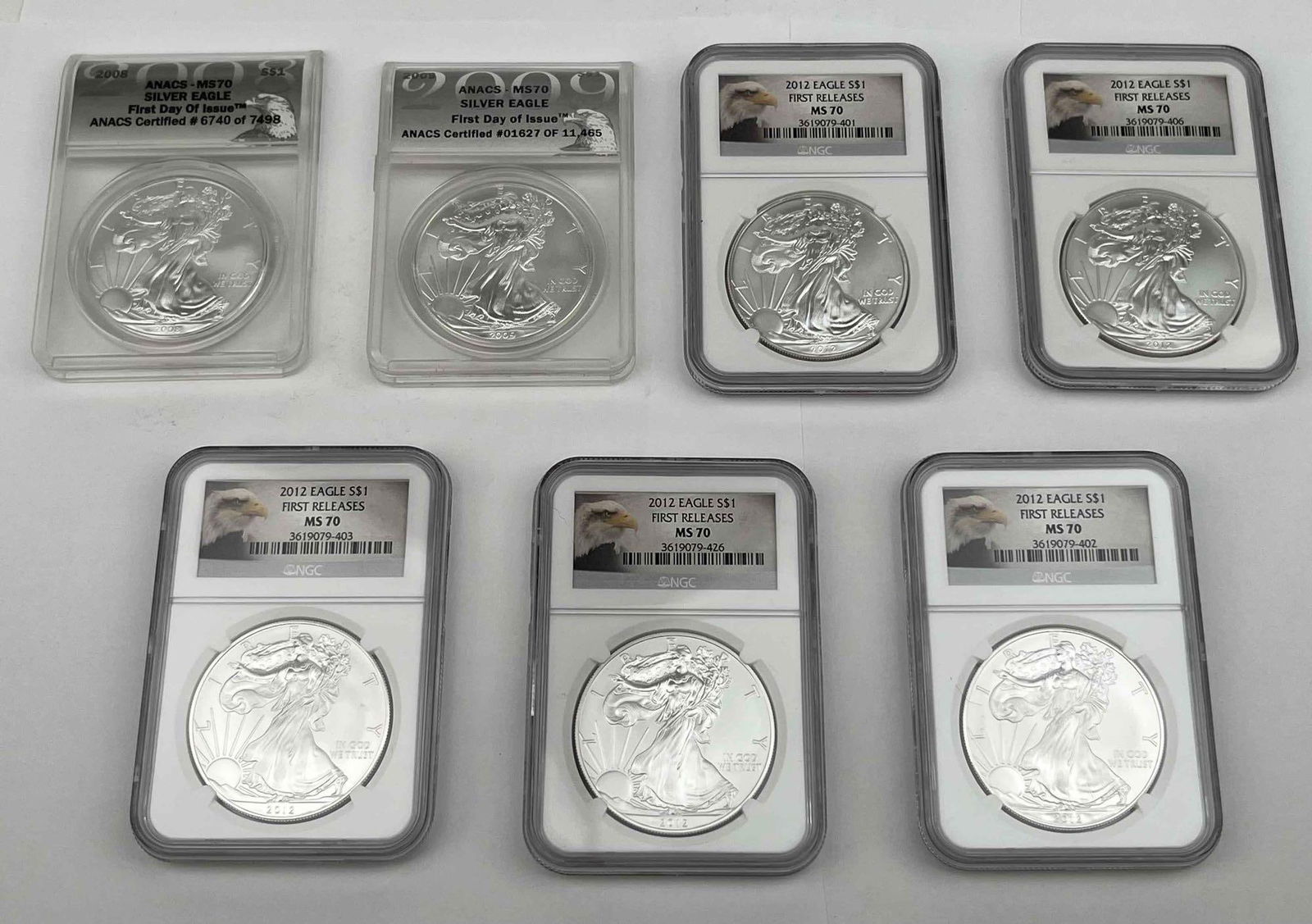 Lot of 7 American Silver Eagles First Day MS70 (1 of 6)