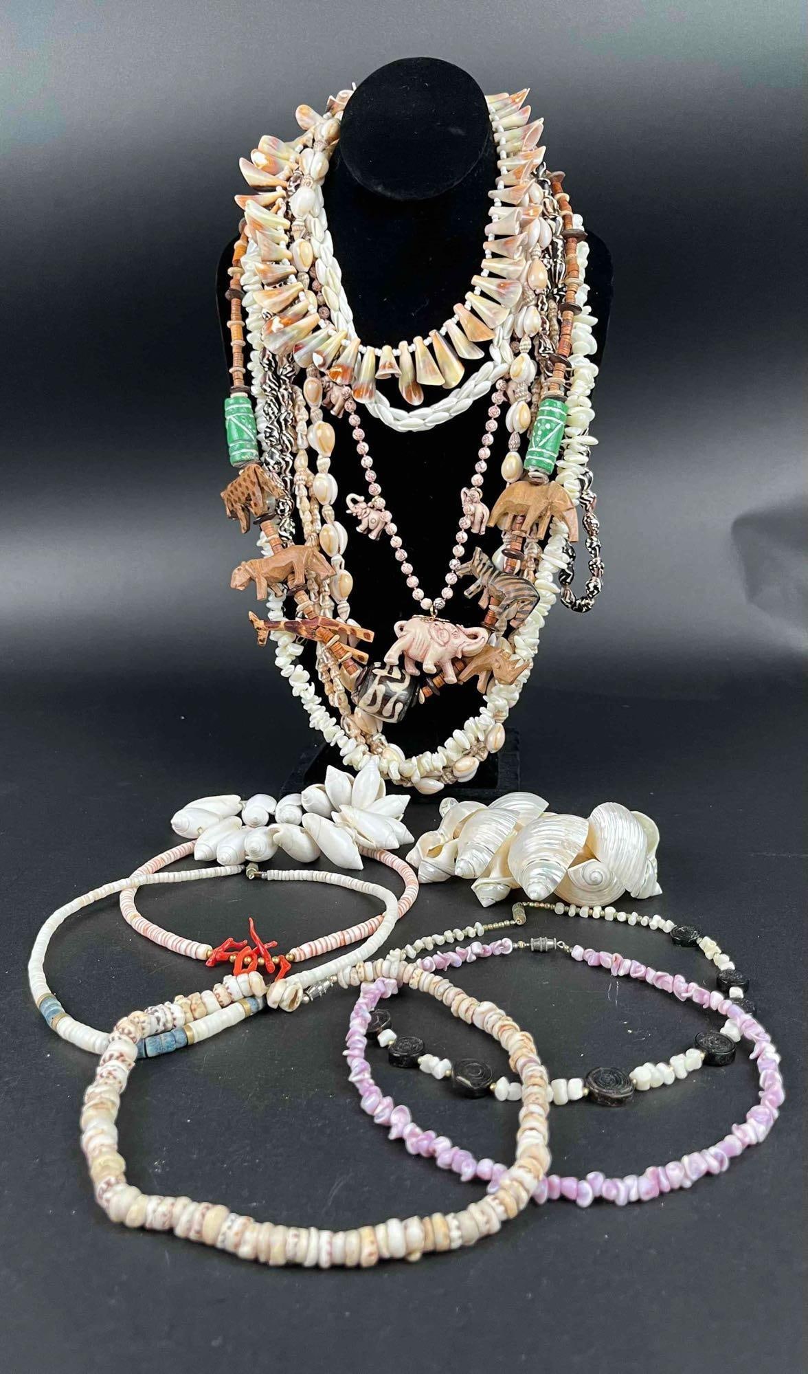 Large Lot of Shell Necklaces and Bracelets: Large lot of shell necklaces and bracelets. All jewelry items are in great condition. Please refer to photos for further details. Please note all lots show signs of wear commensurate with age and use,