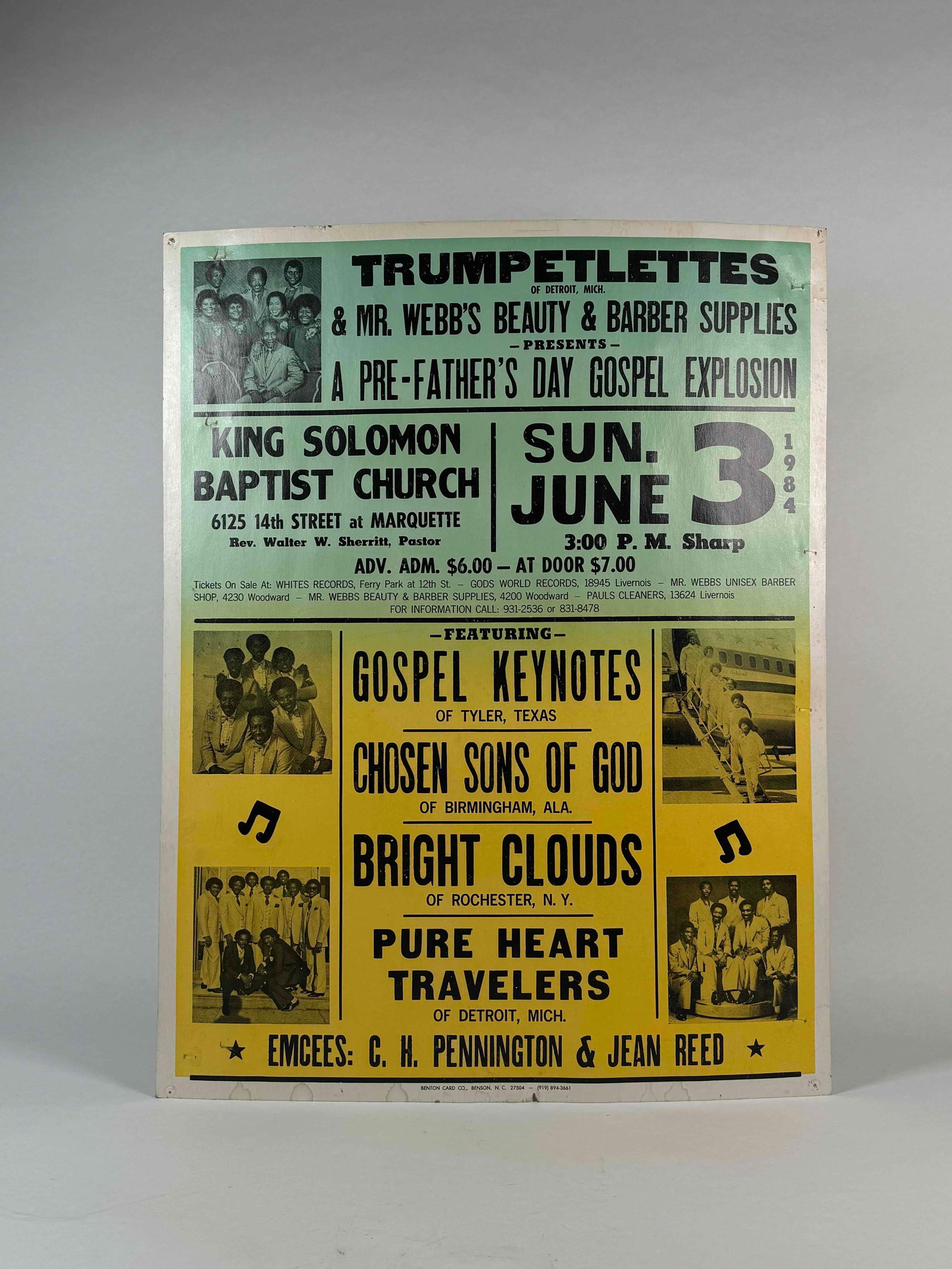 3 Gospel Posters (Bill Moss Gospel Hurricane, Trumplettes, and St James Baptist Church Choir): 3 gospel concert posters. (1908s and 1990s Michigan) Posters include St.James Baptist Church Choir, The Trumplettes and The Bill Moss Gospel Hurricane. All posters are in excellent vintage condition. 