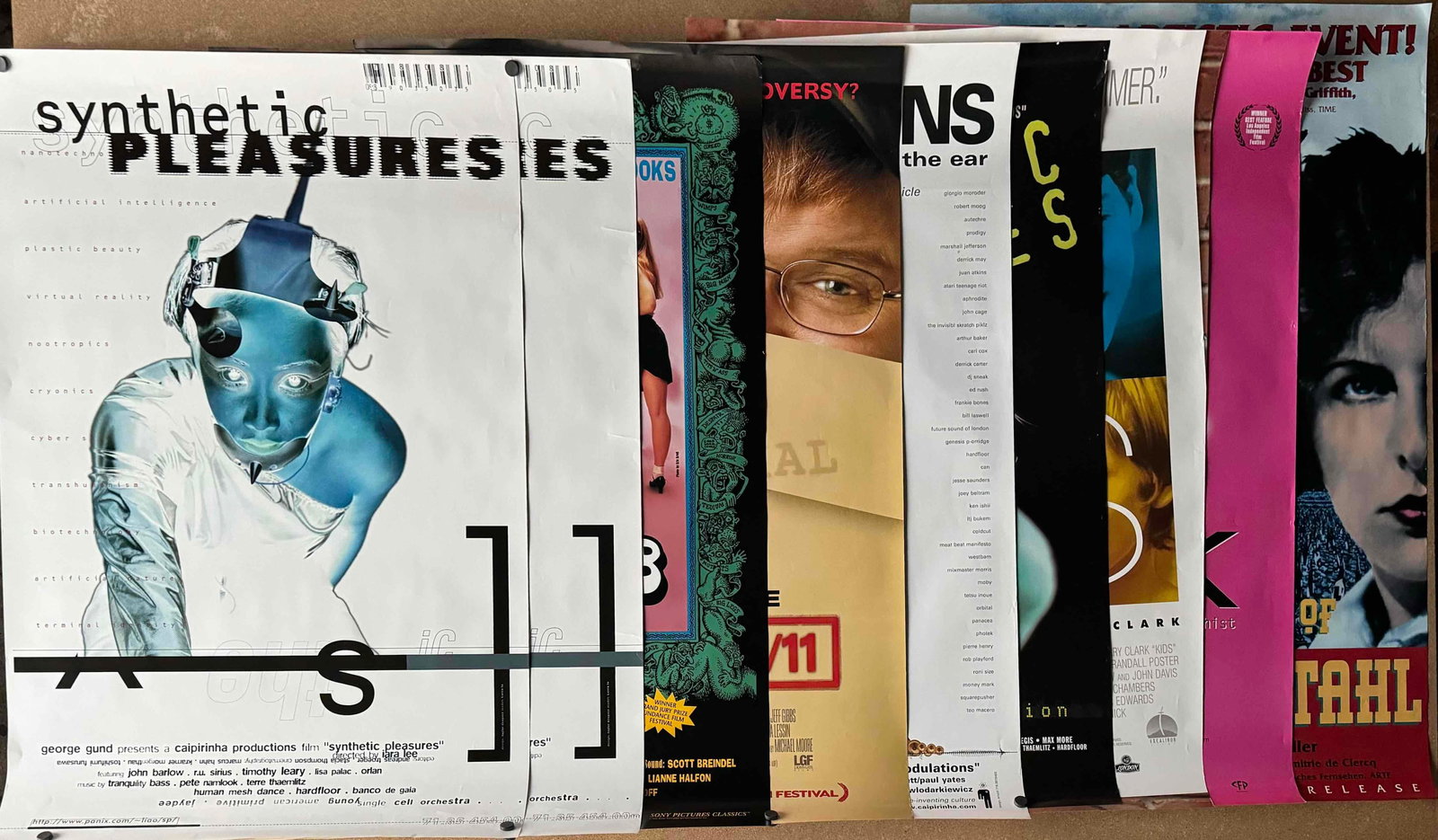 8 Movie Posters (Kids, Crumb. Farenheit 9/11 and The Wonderful Horrible Life of Leni Riefenstahl ): Vintage Movie Posters. All posters are in good vintage condition. Please see photos for additional details. Dimensions: Synthetic Pleasers (2 posters; inverted): 40” x 26” Crumb: 40&rdquo