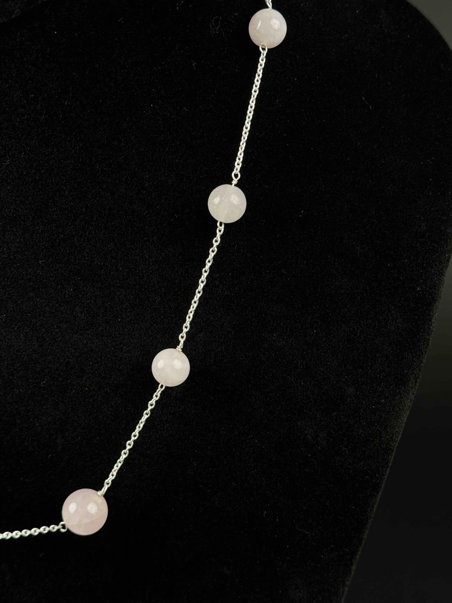 Pink Morganite Beaded Sterling Silver Necklace: Pink morganite beaded sterling silver necklace. Necklace is 20" and comes in at a weight of 12.55 grams. Stamped 925. Necklace is in excellent condition. Please refer to photos for further details