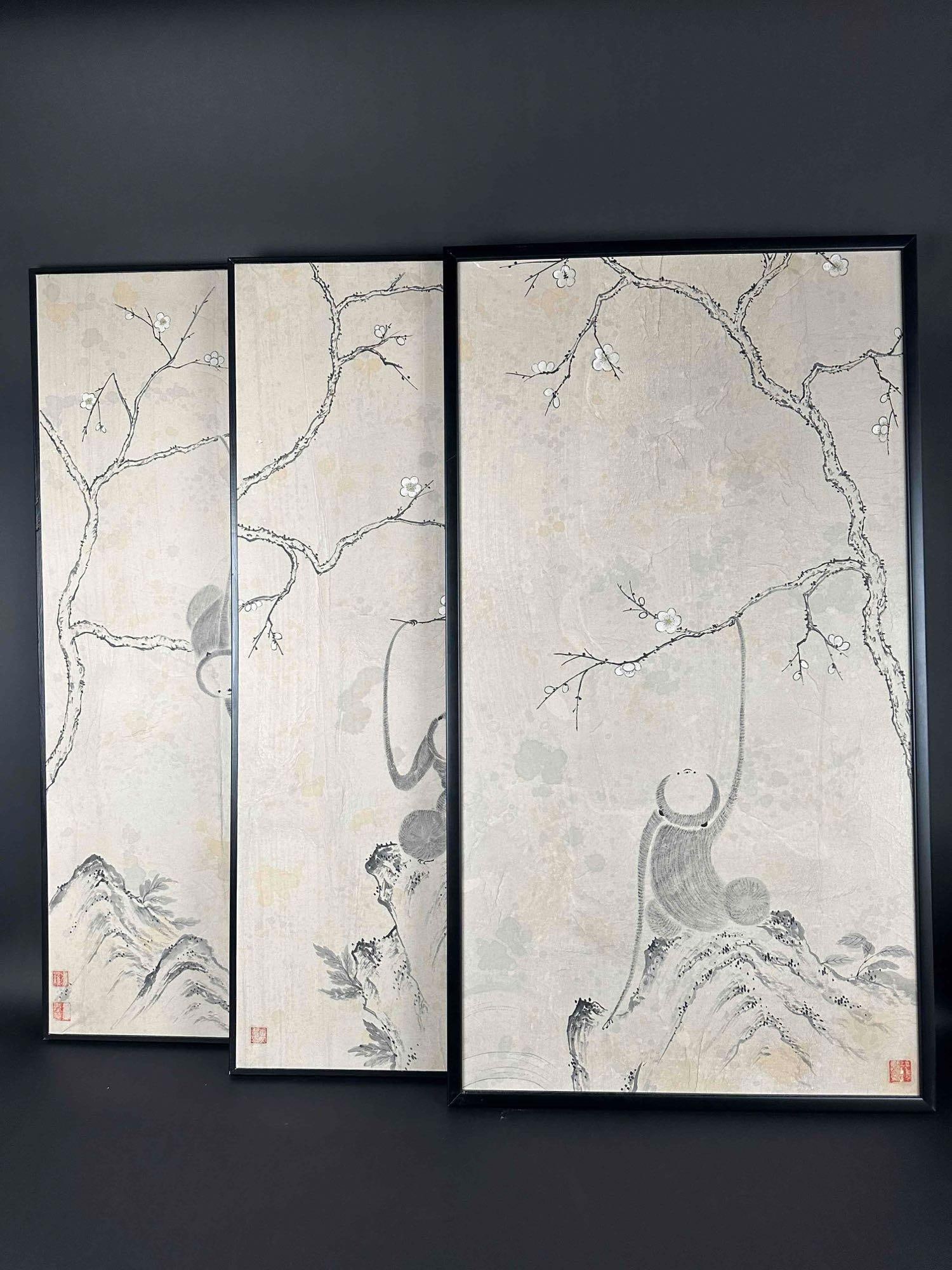 Set of 3 Asian Brush Painted Panels (Signed) (1 of 12)