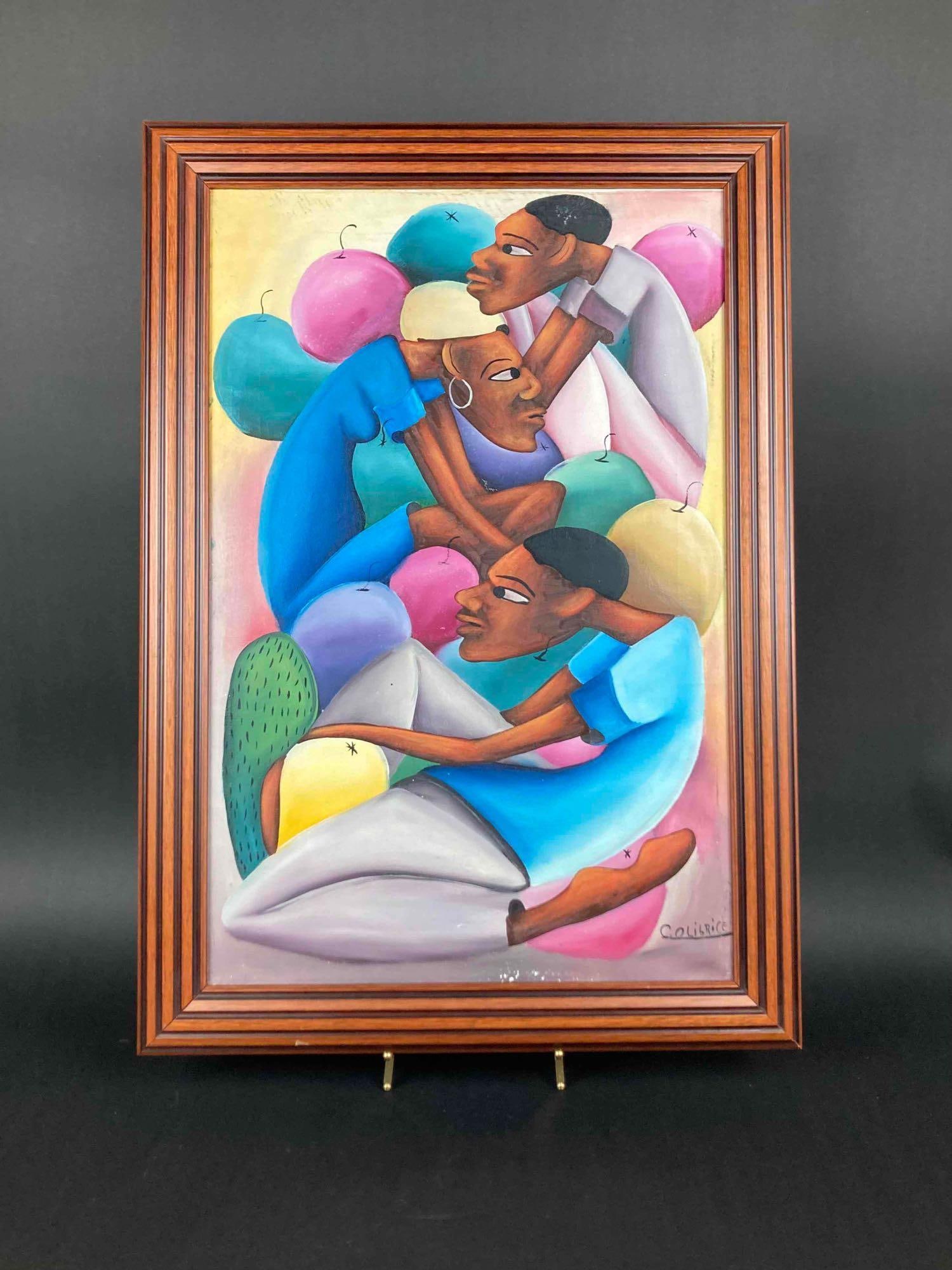 Haitian Folk Art Painting (C. Olibrice): Haitian Folk Art created by artist C. Olibrice. Acrylic on canvas that is encased by a wooden frame. The painting is signed and in good condition with minor scuffing. Please refer to photos for furthe