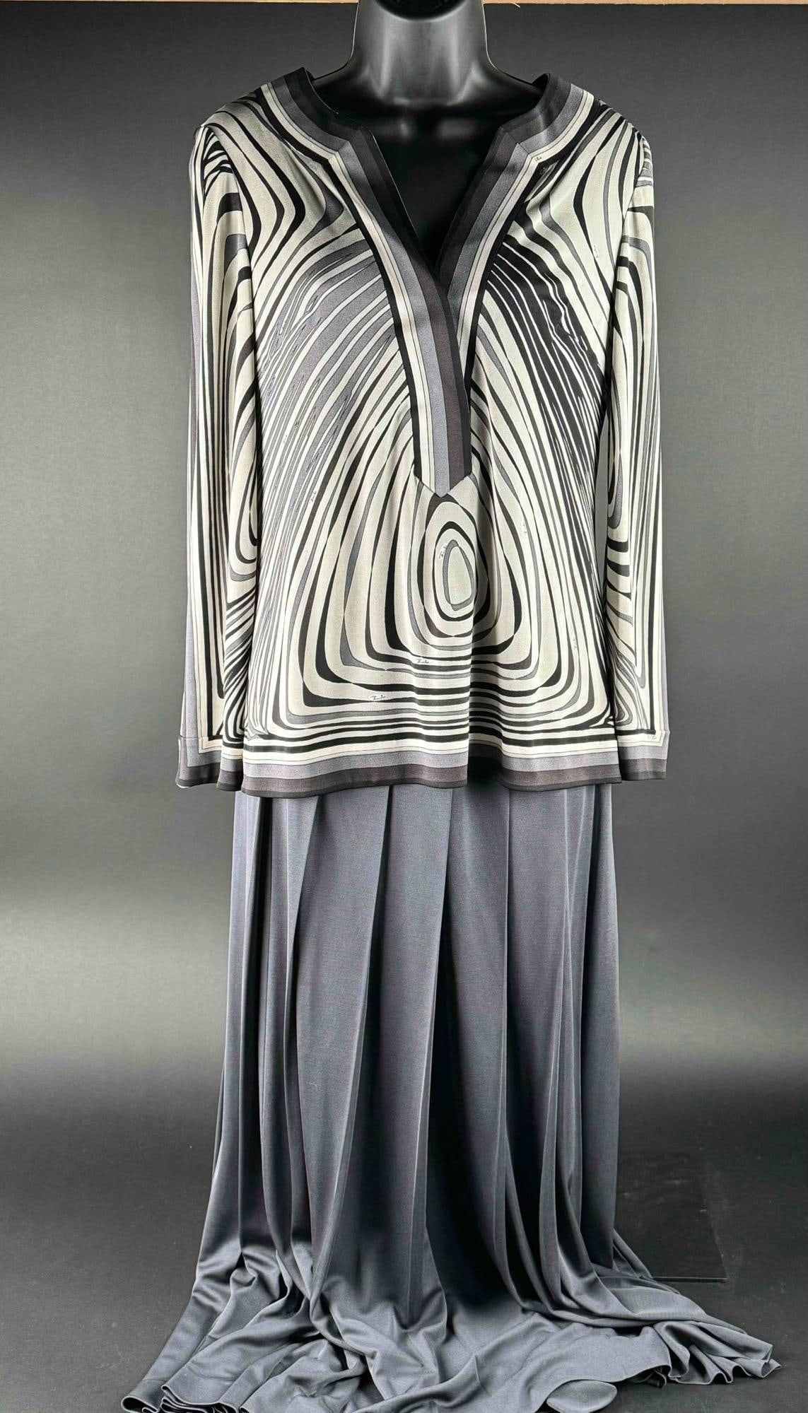 Vintage Emilio Pucci Matching Set: Matching set with blouse and long skirt in gray. Brand on tag is "Emilio Pucci Saks Fifth Avenue ". Fabric is 100% silk. Made in Italy. Ingood vintage condition. Please see photos for addition