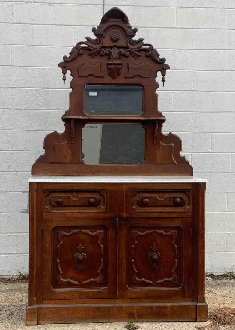 Antique Victorian Walnut and Marble Top Side Board (Wooten, 1860) (1 of 11)