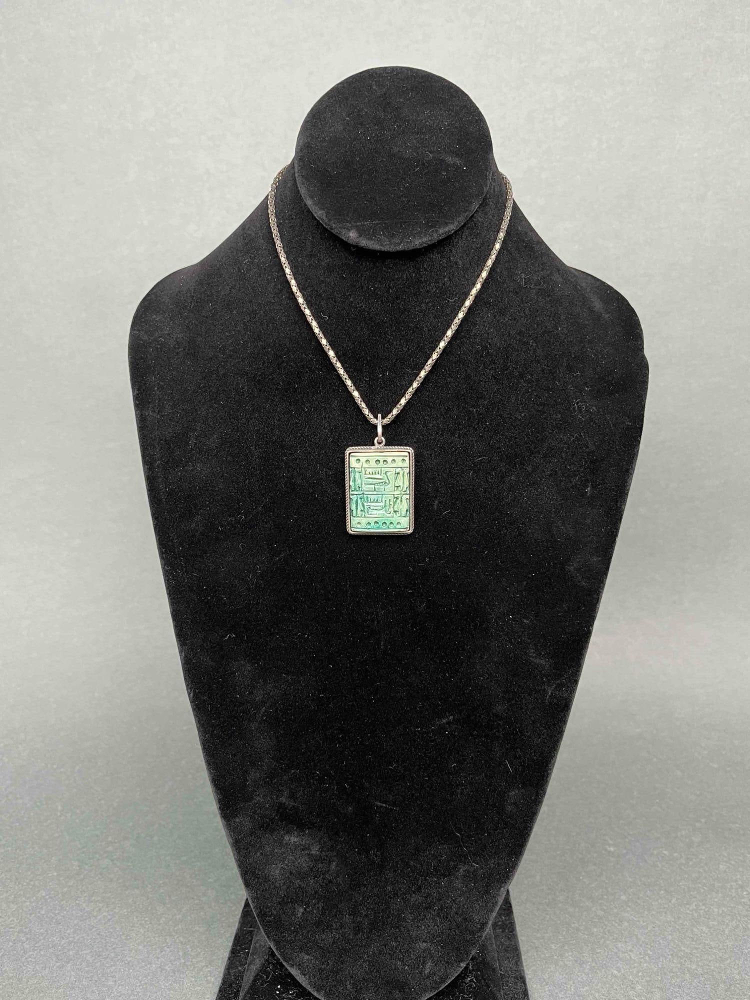 Egyptian Revival Carved Hieroglyphics Ceramic Double Sided Two-Tone Pendant Necklace (1 of 4)