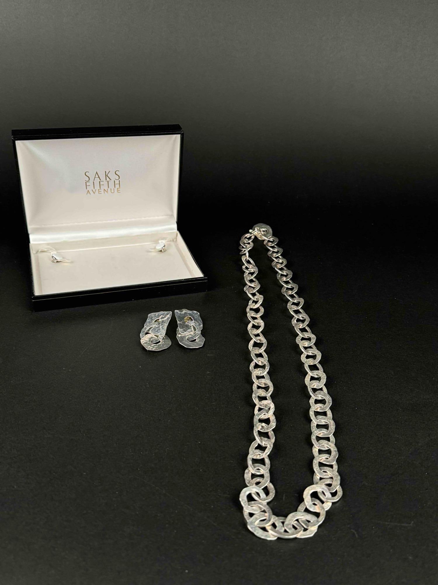 Hammered Sterling Chain Link Necklace and Earrings (122.76g, Saks Fifth Ave) (1 of 5)