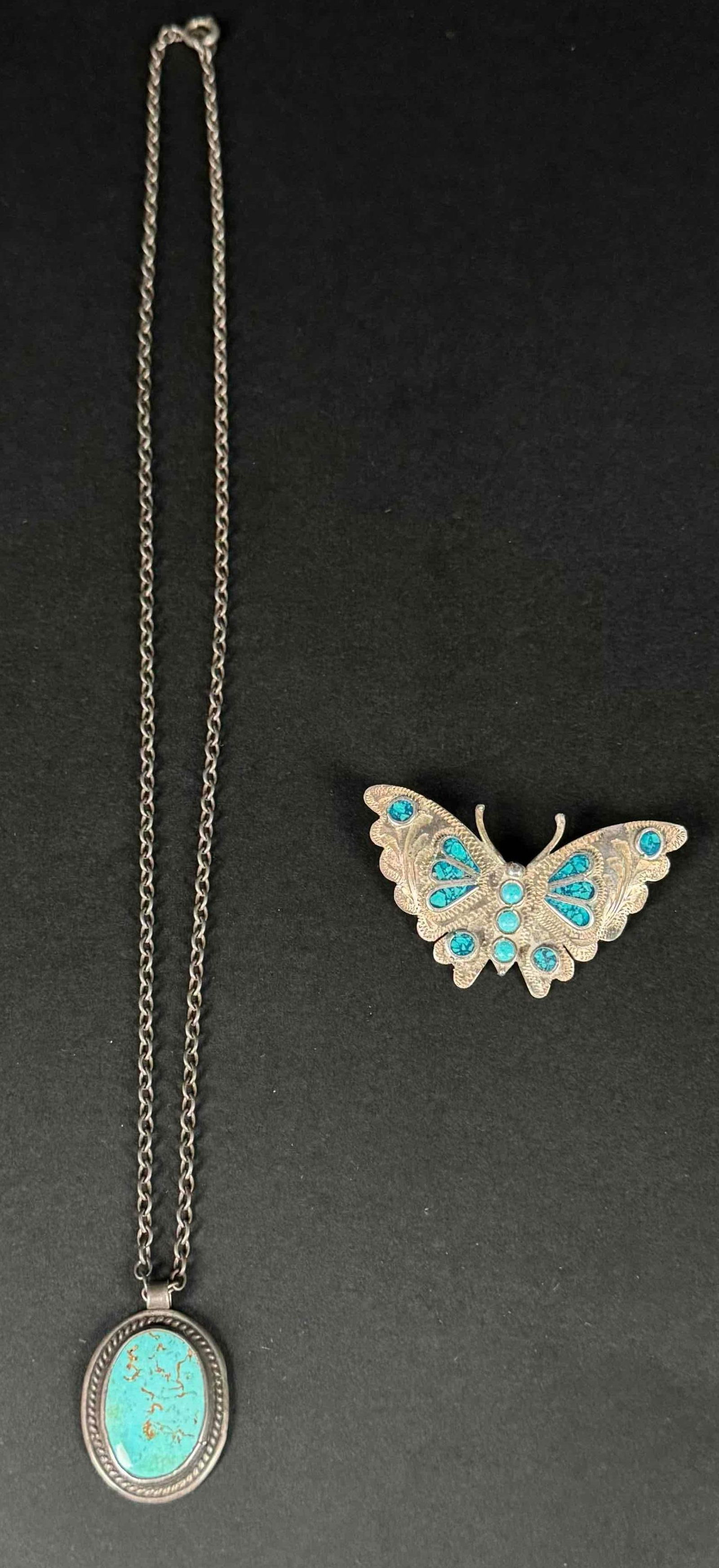 Mexican Sterling Silver and Turquoise Necklace and Brooch (1 of 6)