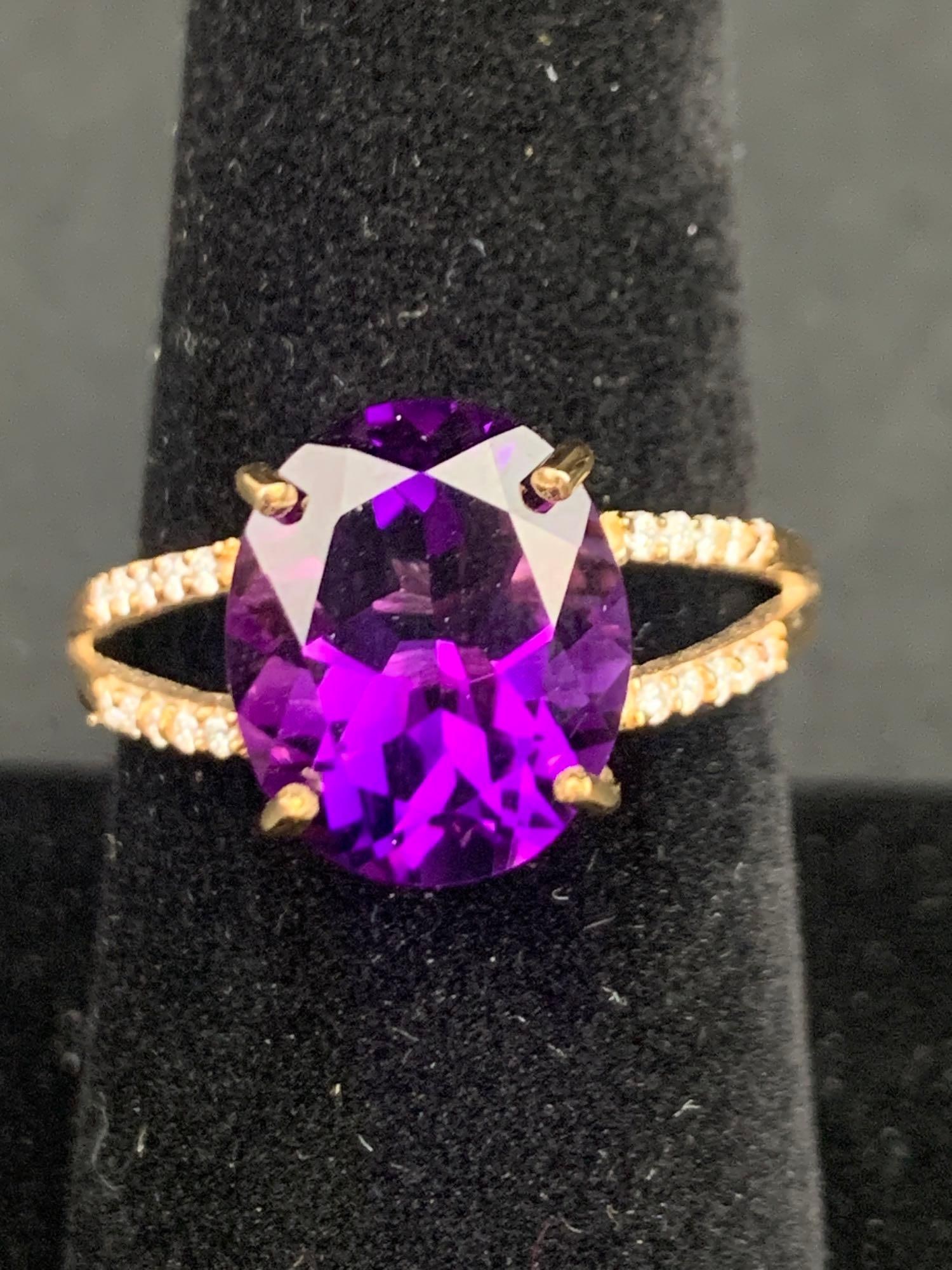 Premium Uruguayan Amethyst and Moissanite Split Shank 10 K Gold Ring (1 of 8)