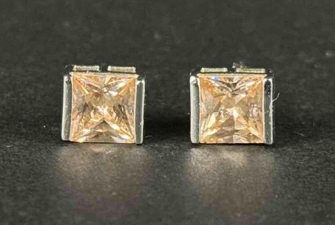 Champagne Princess Cut Sterling Silver Stud Earrings (1 of 3)