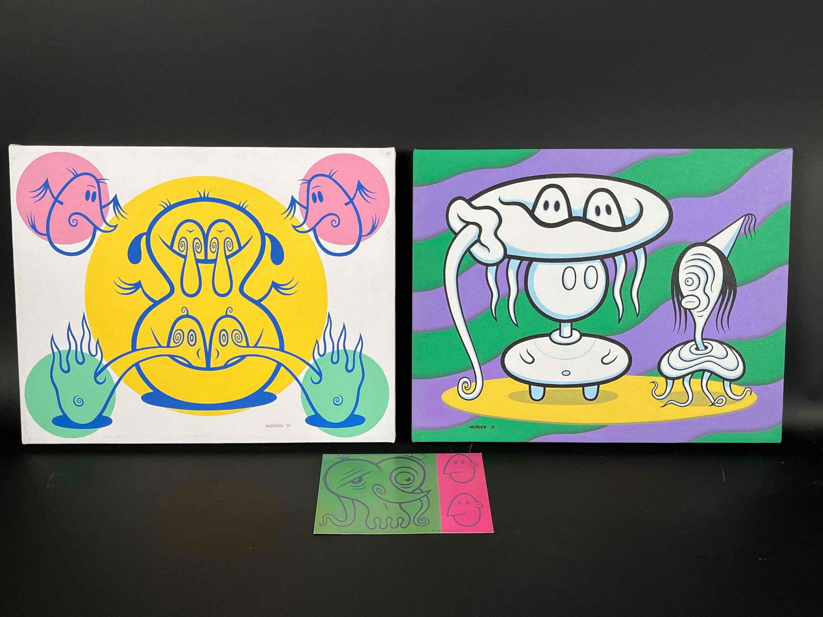 "Equanimity" and "Different Life-styles" (Dennis Worden): 2 Dennis Worden paintings named " Equanimity " and " Different Life-Styles ". Dennis Worden exhibition promotion postcard included as well. Both paintings are acrylic on canvas. All it