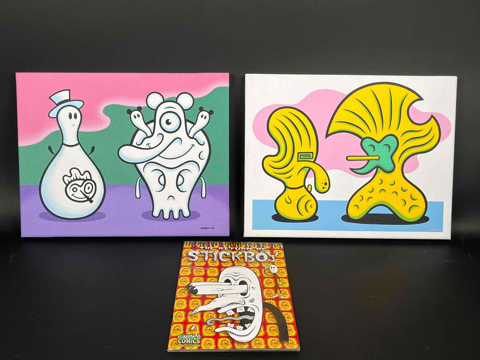 2 Dennis Worden Original Paintings and "The Return of Stickboy" Comic Book: 2 Dennis Worden original paintings and The Return of Stickboy comic book. Both the paintings are acrylic on canvas. All items are in excellent condition. Please refer to photos for further information