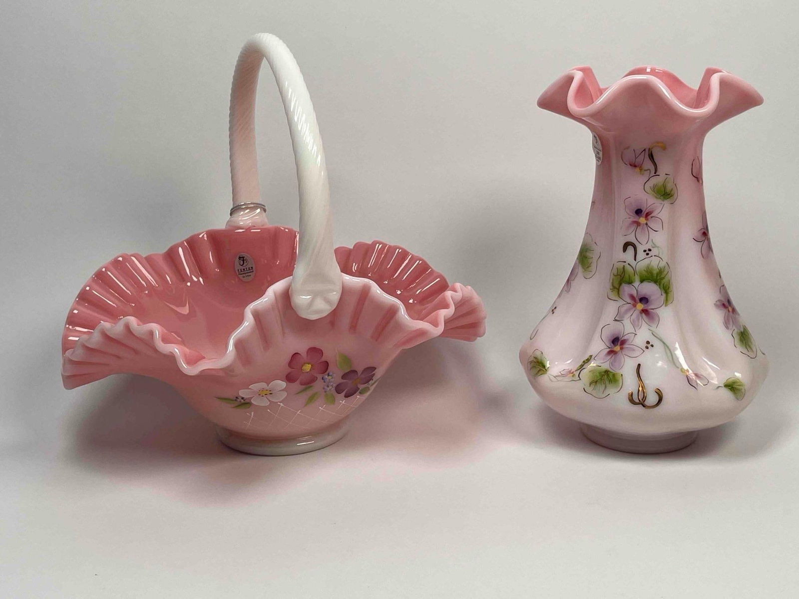Pink Rosalene Fenton Vase and Basket (1 of 7)