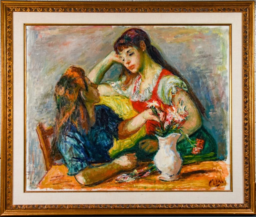 "Girls With Bouquet" Oil on Canvas (Robert Phillips, American) (1 of 8)