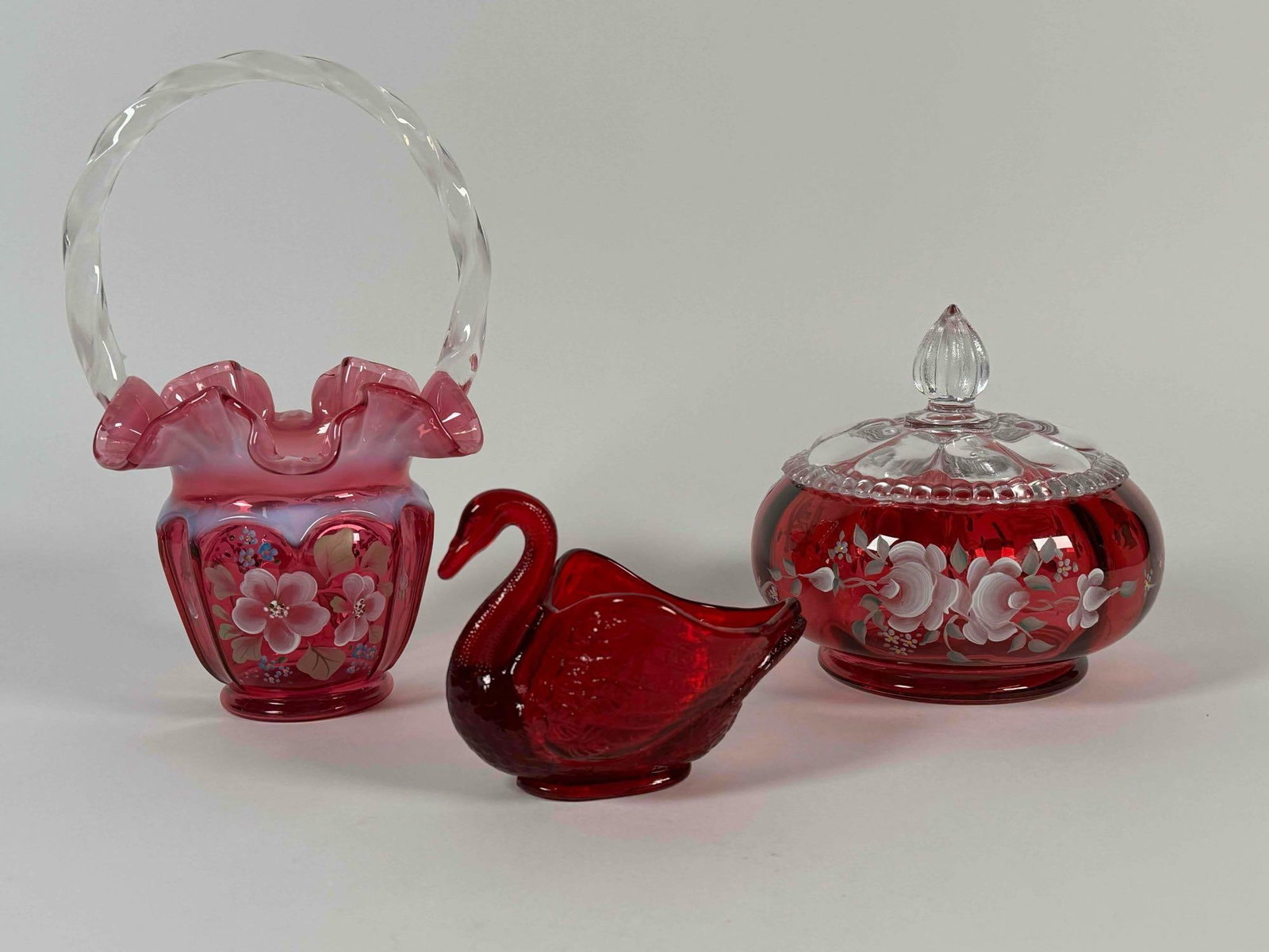 3 Red Fenton Glass Pieces: 3 Red Fenton Glass pieces. Markings/signatures are visible on bottom of pieces. All are in excellent condition. Please see photos for additional details. Lot includes: Candy Box - 5 1/2" - 1515 N7