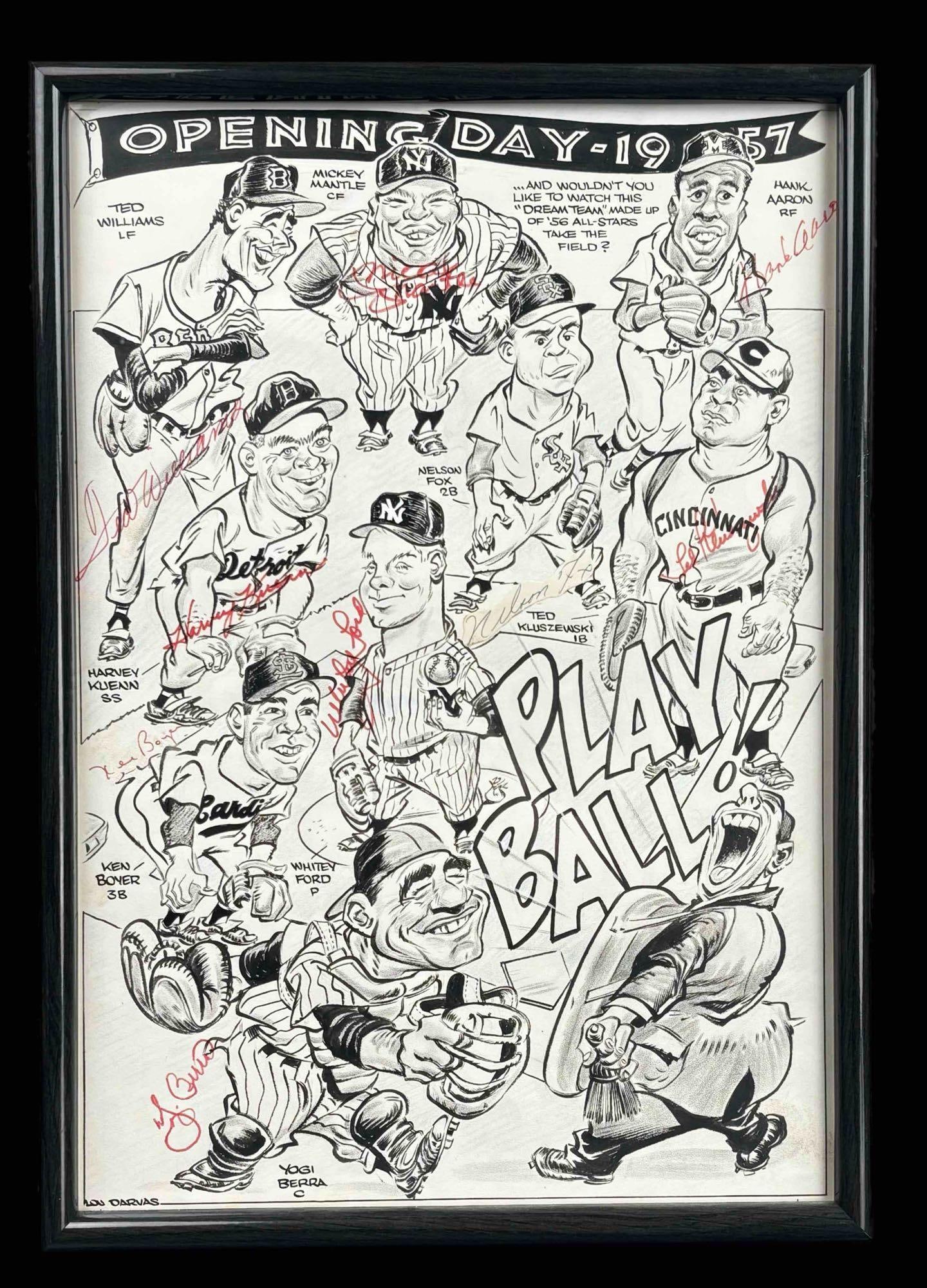 Opening Day 1957 ORIGINAL SIGNED Lou Darvas (Mickey Mantel, Hank Aaron, Yogi Berra, and MORE): Original Lou Darvas framed "1957 Opening Day" cartoon with newspaper copy attached. This piece is signed by all depicted players. This piece is from the home of a former umpire in Detroit. Piece is in