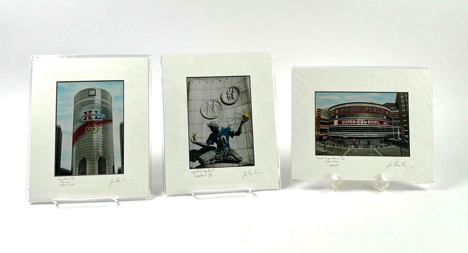 3 Hand Colored "Super Bowl XL" Photographs (Jan Kaulins, Detroit): Trio of hand colored black and white photographs depicting Super Bowl XL in Detroit Michigan. Artist is Jan Kaulins. All pieces are signed to lower right. Excellent condition. Please see photos for ad