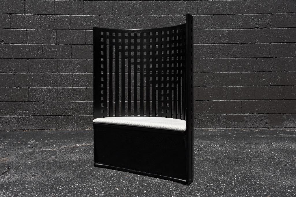 Charles Rennie MacIntosh, "Willow Bench": 'Willow' bench, c. 1980s by Charles Rennie MacIntosh. Ebonized wood, vinyl. Manufactured by Cassina, Italy. In excellent condition. Please see photos for additional details. Dimensions: 47.25" x 37.25