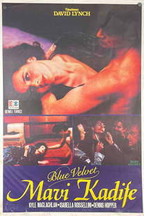 Original Turkish "Blue Velvet" Movie Poster (1986): Original Turkish movie poster for David Lynch's 1986 film Blue Velvet starring Isabella Rosselini, Kyle MacLachlin, and Dennis Hopper. Film Pop trademark is located on middle left side. Poster is in e