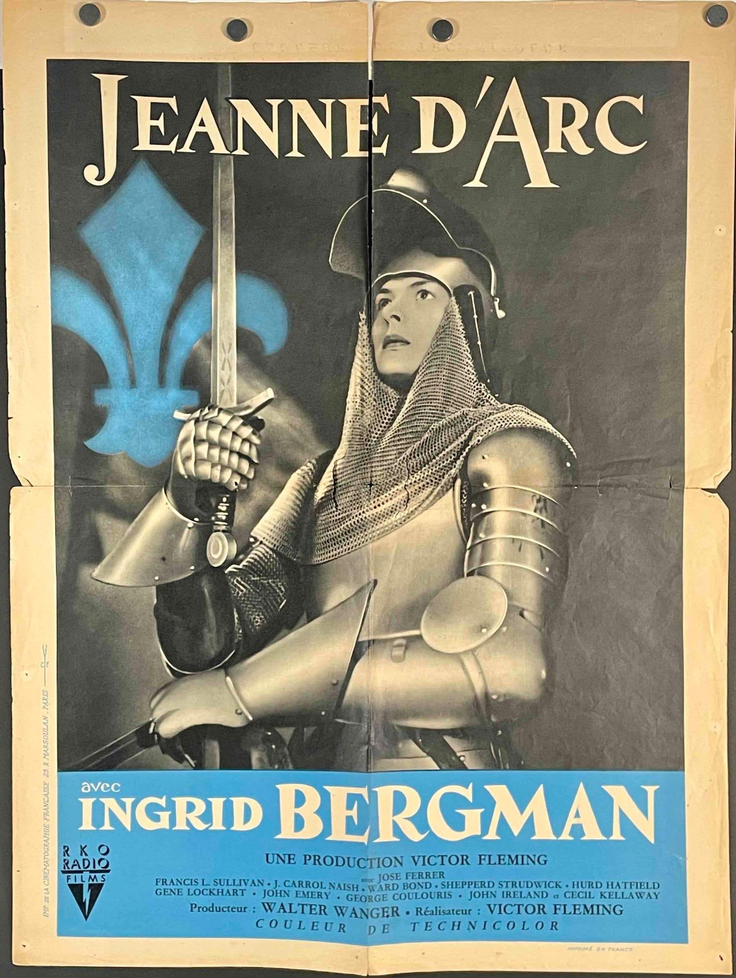 Original "Jeanne D'Arc" (Joan of Arc) Movie Poster (Ingrid Bergman, 1948): Original French poster for the 1948 film, Jeanne D'Arc (Joan of Arc), starring Ingrid Bergman. Poster is in good vintage condition with signs of wear that are consistent with age, such as tearing on e