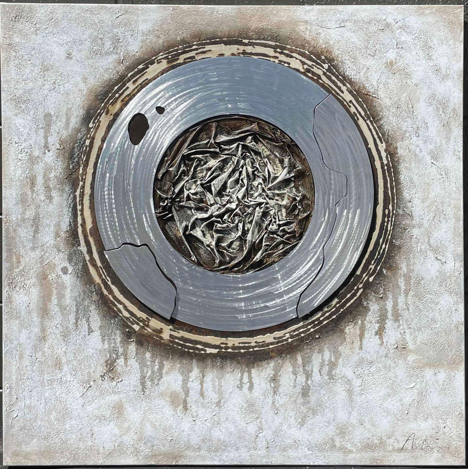 Modern Metallic Relief Sculpture (Yosemite): Modern, metallic relief on painted canvas. Signed to lower right. Certificate of Authenticity is included. Please see photos for additional details. Weight: 6.8 lbs Dimensions: 39.5" x 39.5" x 1.5" Pl