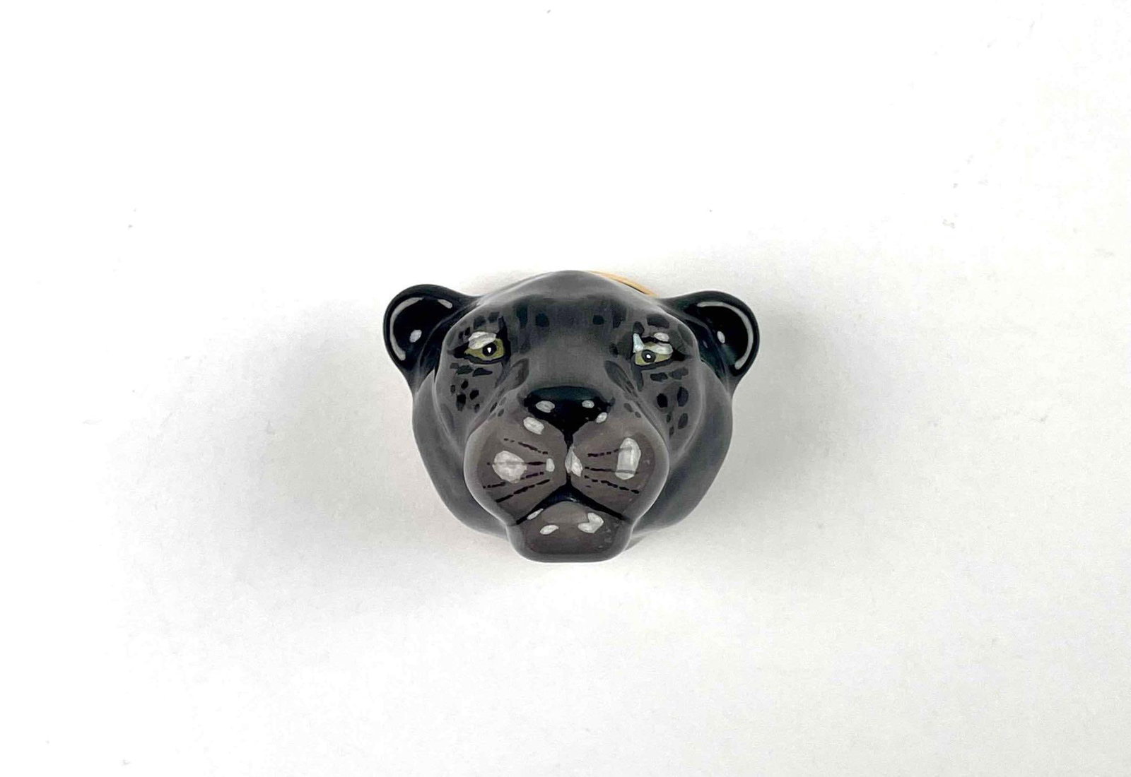 Black Leopard Staffordshire Enamels Pill Box: Black Leopard Head hand painted enamel pill box in its original packaging. Box is of a black leopard head and is in excellent condition. Please see photos for additional details. Dimensions: 2" x 1.75