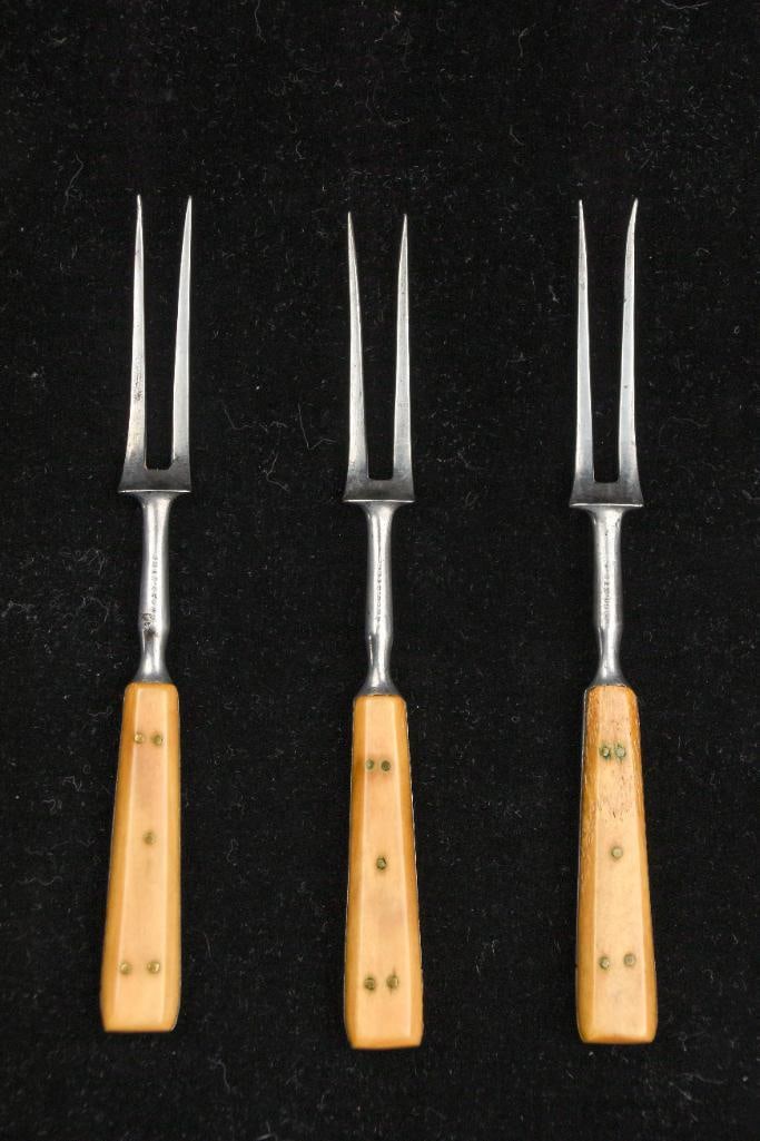 Three Piece Set of Two Prong Forks: Set of 3 two prong forks. Hallmark is incised on neck of fork. Forks have signs of wear that are consistent with age and use. In good condition. Please see photos for additional details. Dimensions: 6