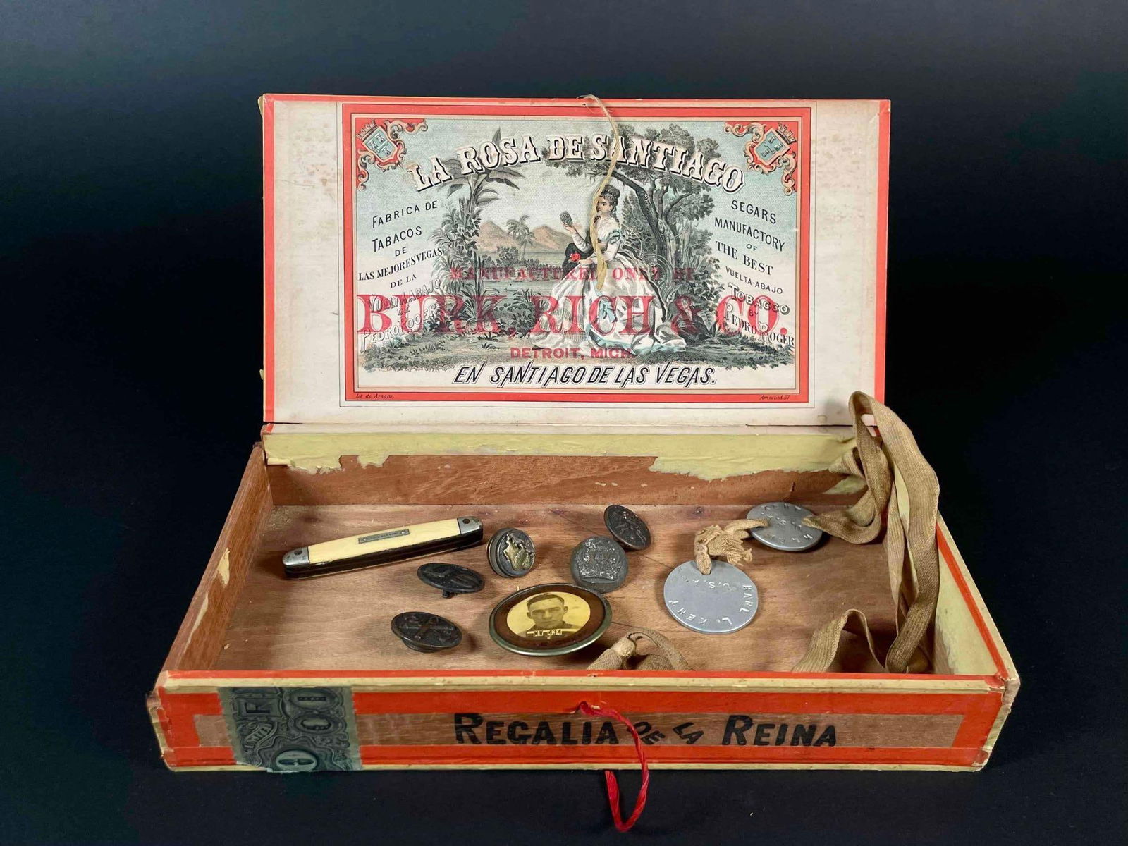 Antique Box of Military Pins, Worker Badges, and WW1 Dog Tags (1 of 12)