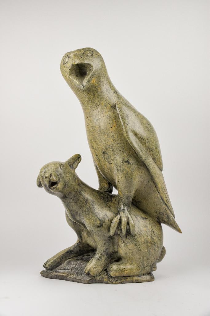 Extra Large Inuit Soapstone Sculpture (Cape Dorset/Kinngait): Inuit soapstone sculpture depicting a hawk hunting. Polished soapstone. This piece was purchased directly from the artist in Cape Dorset/Kinngait by collector Jon Jacobs, a prominent collector of Inui