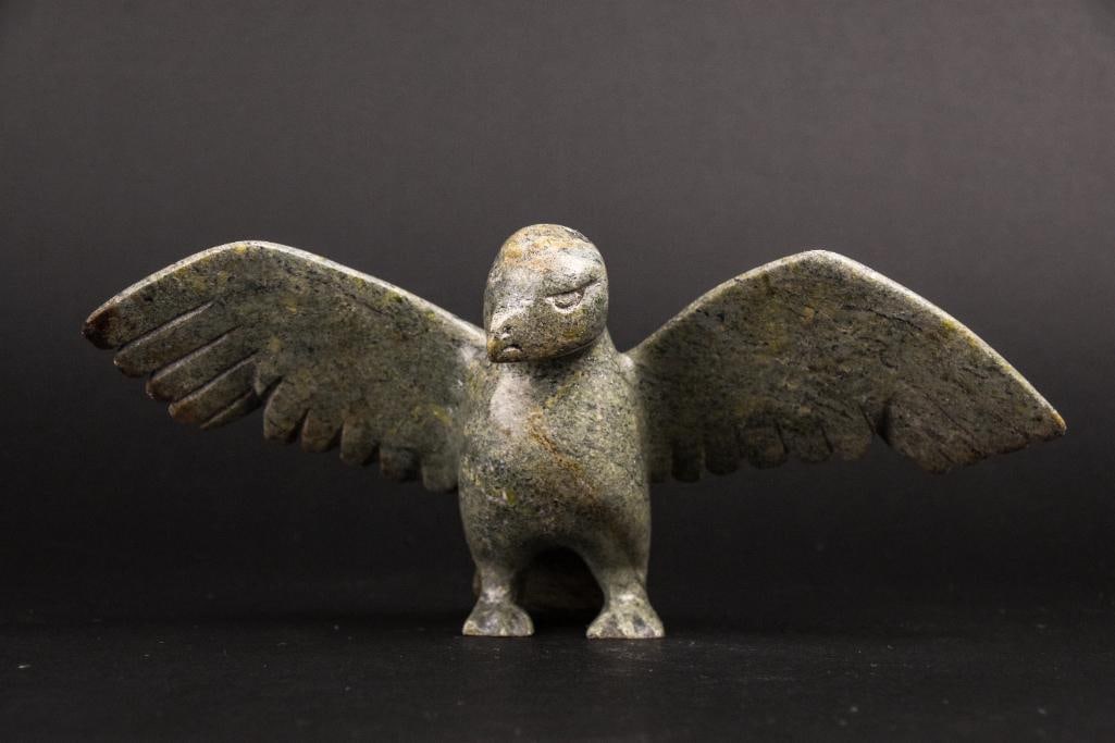 Inuit Hawk Carving (Cape Dorset/Kinngait): Green soapstone Inuit hawk carving. Polished stone. Piece is signed in on the foot in Inuktituk syllabic. This piece was purchased directly from the artist in Cape Dorset/Kinngait by collector Jon Jac
