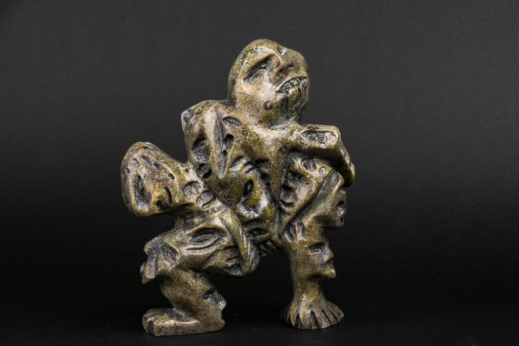 Inuit Spirit Carving (Tytoosie Tunnillie, Cape Dorset/Kinngait): Inuit abstract spirit carving. Polished soapstone. Piece is signed in Inuktitut syllabics on the foot by Tytoosie Tunnille. This piece was purchased directly from the artist in Cape Dorset/Kinngait by